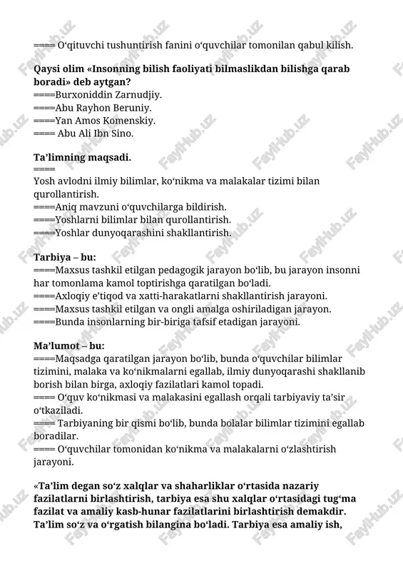 iriladigan jarayon. ====bunda insonlarning bir-biriga tafsif etadigan jarayoni. ma’lumot – bu: ====maqsadga qaratilgan jarayon bo‘lib, bunda o‘quvchilar bilimlar tizimini, malaka va ko‘nikmalarni egallab, ilmiy dunyoqarashi shakllanib borish bilan birga, axloqiy fazilatlari kamol topadi. ==== o‘quv ko‘nikmasi va malakasini egallash orqali tarbiyaviy ta’sir o‘tkaziladi. ==== tarbiyaning bir qismi bo‘lib, bunda bolalar bilimlar tizimini egallab boradilar. ==== o‘quvchilar tomonidan ko‘nikma va malakalarni o‘zlashtirish jarayoni. «ta’lim degan so‘z xalqlar va shaharliklar o‘rtasida nazariy fazilatlarni birlashtirish, tarbiya esa shu xalqlar o‘rtasidagi tug‘ma fazilat va amaliy kasb-hunar fazilatlarini birlashtirish demakdir. ta’lim so‘z va o‘rgatish bilangina bo‘ladi. tarbiya esa amaliy ish, tajriba bilan, ya’ni shu xalq shu millatning amaliy malakalaridan iborat bo‘lgan ish harakat, kasb-hunarga berilgan bo‘lishni o‘rganishdir. ushbu ta’rifning muallifi kim? ====forobiy. ==== al- xorazmiy. ==== beruniy. ==== ibn sino. o‘rta osiyo mutafakkirlaridan qaysi alloma birinchi marta bolalarni jamoa bo‘lib, maktabda o‘qitishning ahamiyatini ilmiy asoslab bergan? ====ibn sino. ==== forobiy. ==== beruniy. ==== al-xorazmiy. «juvonmardlik …