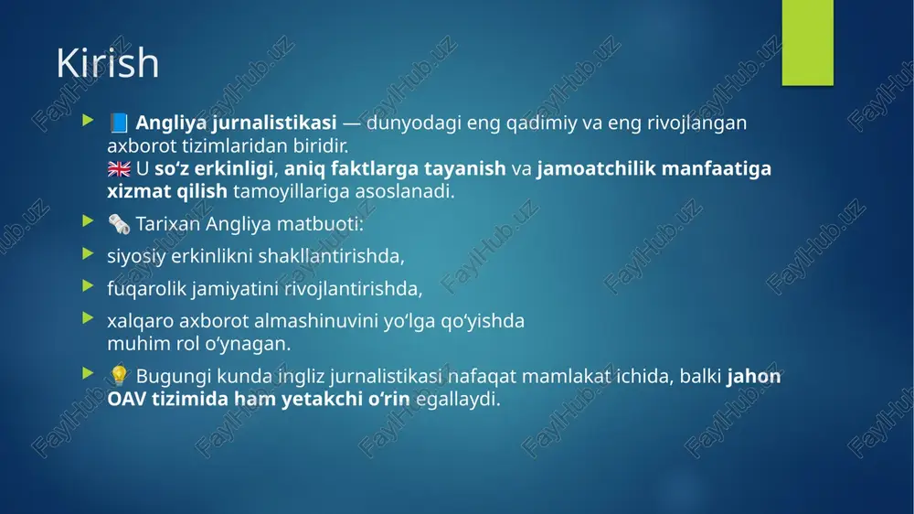 laridan biri hisoblanadi. u davlat va xususiy kanallar uyg‘unligida ishlaydi. 🔹 bbc (british broadcasting corporation) 1922-yilda tashkil etilgan. davlat tomonidan moliyalashtiriladi, ammo tahririy jihatdan mustaqil. axborot, hujjatli, madaniy va ilmiy dasturlar tayyorlaydi. dunyoda eng nufuzli axborot manbalaridan biri. 🔹 xususiy telekanallar itv – tijoriy telekanal, ko‘ngilochar va yangiliklar dasturlari bilan mashhur. channel 4 – mustaqil tahririyat, ijtimoiy mavzularga e’tibor qaratadi. sky news – 24 soatlik yangiliklar kanali, xalqaro voqealarni yoritadi. 📡 televideniye ingliz jamiyatining asosiy axborot va tahlil manbai hisoblanadi. radio tarmog‘i 🎧 angliyada radio eshittirishlari oav tizimining muhim bo‘g‘ini bo‘lib, aholining katta qismi uchun asosiy axborot manbai sanaladi. 🔹 bbc radiosi bbc radio 1 – yoshlar uchun, musiqa va yangiliklar. bbc radio 2 – keng auditoriya uchun madaniyat, yangilik va musiqa. bbc radio 4 – siyosiy, ijtimoiy va tahliliy dasturlar. bbc world service – dunyoning 40 dan ortiq tilida eshittirish olib boradi. 🔹 xususiy radiostansiyalar capital fm, heart radio, …