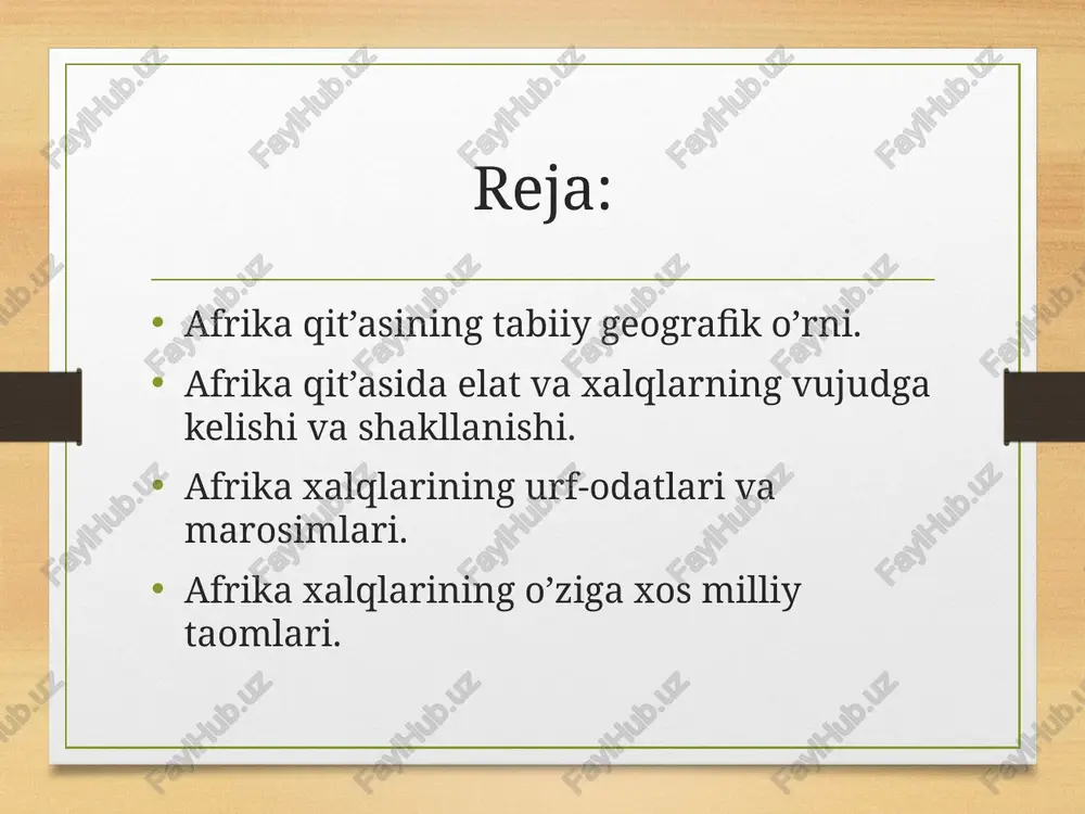n. ularni tani qopqora, qora ko’zi va(burma) speral sochlari iyagi biroz oldinga cho’zilgan pragmatizm, qalin labi va puchq burunli ko’sa soqol va kam tukli belgilari bila ajralib turadilar. afrika xalqlarida ov qilish marosimi xalq ijodi badiiy hunarmandchilik ancha rivojlangan.janubiy afrika bantulari chiroyli cho’zma usulda sopol buyumlar ,o’yma naqishli yog’och idishlar, ho’kiz qo’shiladigan ayri shoxli yogo’chdan yasalgan. jo’shqin raqs va kuylar ularning eng sevimli tomoshalari barcha tantana va marosimlarning eng muhim qismidir. musiqa asboblari turli xilda ammo katta kichik nog’oralar(“marimbo”), (“nigoma”) doimo jo’r bo’lgan. fel, karkidon, ilon, ho’kiz,jirafa kabi hayvonlar, ov marosimlari va urush marosimlari bushmen rasmlarida ifodalangan. ayollar taqinchoqlari afrika xalqlarining turli xil bayramlardagi ko’rinishi shimoliy afrika xalklarining xujaligi jaxondagi eng kadimiy dexkonchilik va chorvachilik xujaligi bulib, uning ajoyib an'analari xozirgacha yetib kelgan.nil vodiysi va dengiz soxillaridagi serunum yerlarda asosan dexkonchilik, saxro va dashtlarda yarim kuchmanchilik asosiy xujalik tarmogi bulgan.bu yerdagi dexkonchilik neolit davrida paydo bulgan va daryo toshkinlaridan foydalanib …