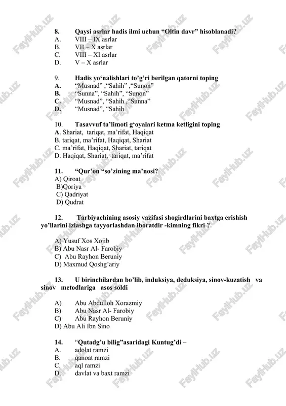) maxmud qoshg’ariy 13. u birinchilardan bo’lib, induksiya, deduksiya, sinov-kuzatish va sinov metodlariga asos soldi a) abu abdulloh xorazmiy b) abu nasr al- farobiy c) abu rayhon beruniy d) abu ali ibn sino 14. “qutadg’u bilig”asaridagi kuntug’di – a. adolat ramzi b. qanoat ramzi c. aql ramzi d. davlat va baxt ramzi 15. ulug’bek davrida madrasalarda o’qish bosqichlari: a. «anda» , «aust», «a’lo» b. «aust», «a’lo», c. «a’lo», «anda» , «aust» d. «anda» , «aust» 16. xvii-xix asrlarda o‘rta osiyoda faoliyat yuritgan ta’lim muassasalari a. boshlang’ich maktab, qorixona, daloilxona, otinoyilar maktabi, madrasa b. daloilxona, boshlang’ich maktab, qorixona c. boshlang’ich maktab, qorixona d. qorixona, madrasa 17. ushbu ta’limdan ko‘zda tutilgan asosiy maqsad – turli diniy marosimlarda qur’on tilovat qiluvchi qorilarni tayyorlashdan iborat bo‘lgan. a. qorixona b. daloilxona c. boshlang’ich maktab d. madrasa 18. u tomonidan qizlar ta’limini rivojlantirishga qo‘shilgan eng munosib hissa – bu , tavsifli alifboning yaratilishidir a. anbar otin …