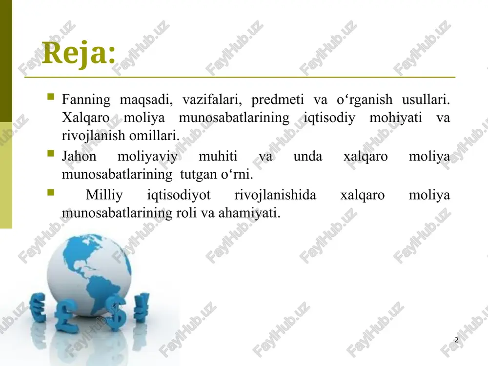 igini ta’minlashda xalqaro moliyaviy xavfsizlikning oʻrni, o’zbekistonning xalqaro moliya munosabatlariga integratsiyalashuvi kabi masalalarni oʻrganishni taqozo qiladi. ift 4 fanni oʻqitishdan maqsad – talabalarda mamlakatning xalqaro moliya munosabatlaridagi ishtirokini tashkil etish va rivojlantirishning ham nazariy, ham amaliy tomonlarini, xalqaro moliya tizimi ishtirokchilari faoliyatini hamda xalqaro moliya operatsiyalarini amalga oshirish va boshqarish usullari boʻyicha bilim, koʻnikma va malaka shakllantirishdir. fanning vazifalari - xalqaro moliya tizimi, uning asosiy elementlarini, xalqaro moliya tizimi ishtirokchilarining faoliyatini, ular faoliyatini tashkil etish va tartibga solish mexanizmini, jahon valyuta tizimi va xalqaro moliya bozoridagi operatsiyalarni boshqarish usullarini, mamlakatning xalqaro moliya munosabatlaridagi ishtiroki toʻg’risidagi statistik ma’lumotlar asosida joriy holatni tahlil qilish va baholashni, davlatning xalqaro moliya tizimiga integratsiyalashuvni kuchaytirish yoʻllarini tahlil qilish asosida xulosalar chiqarishni oʻrgatishdan iborat. ift 5 ift 6 xalqaro moliya – xalqaro moliyaviy resurslar majmuini va ularning harakatlanishini ifodalovchi tushuncha hisoblanadi. xalqaro moliya munosabatlari muayyan maqsadlarni amalga oshirish uchun xalqaro darajada shakllantirilgan moliyaviy resurslarni taqsimlash va …