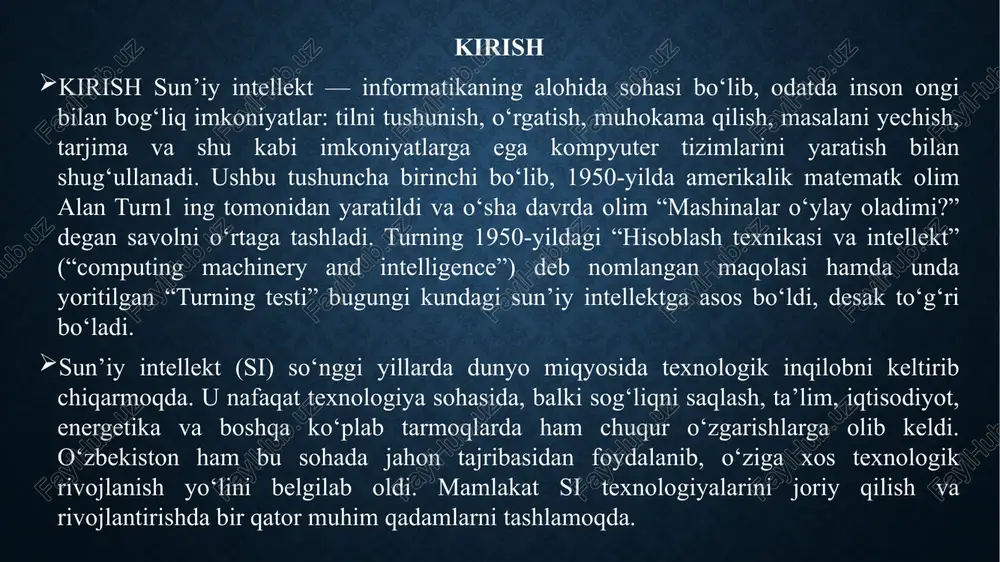 aradi. sababi, robotlar hamma ishni bizdan ko‘ra yaxshiroq bajara olishadi. ilg‘or texnologiyalar ortidan quvish natijasida, kompaniyalar sun’iy intellekt ortidan kelib chiqadigan xavfxatarni ko‘rmay qolishlari mumkin”. mamlakatimizda ham sun’iy intellekt texnologiyalarini rivojlantirish yuzasidan qator chora-tadbirlar amalga oshirilmoqda. jumladan, o‘zbekiston respublikasi prezidentining 2021-yil 26-avgustdagi “sun’iy intellekt texnologiyalarini qo‘llash bo‘yicha maxsus rejimni joriy qilish chora-tadbirlari to‘g‘risida”2 gi pq-5234-son qarori qabul qilindi. ushbu qarorga muvofiq, mamlakatimizda sun’iy intellekt texnologiyalarini joriy qilish yuzasidan qator vazifalar belgilab berilgan. bundan tashqari, o‘zbekiston respublikasi prezidentining 2021-yil 17-fevraldagi “sun’iy intellekt texnologiyalarini jadal joriy etish uchun shart-sharoitlar yaratish choratadbirlari to‘g‘risida”3 gi pq-4996-son qarori qabul qilindi. qarorga muvofiq, “raqamli oʻzbekiston – 2030” strategiyasiga muvofiq hamda sunʼiy intellekt texnologiyalarini jadal joriy etish va ularni mamlakatimizda keng qoʻllash, raqamli maʼlumotlardan foydalanish imkoniyatini va ularning yuqori sifatini taʼminlash, ushbu sohada malakali kadrlar tayyorlash uchun qulay shart-sharoitlar yaratish maqsadida: -2021-2022-yillarda sunʼiy intellekt texnologiyalarini oʻrganish va joriy etish boʻyicha chora-tadbirlar dasturi; -sunʼiy intellektni qoʻllashning asosiy yoʻnalishlari …