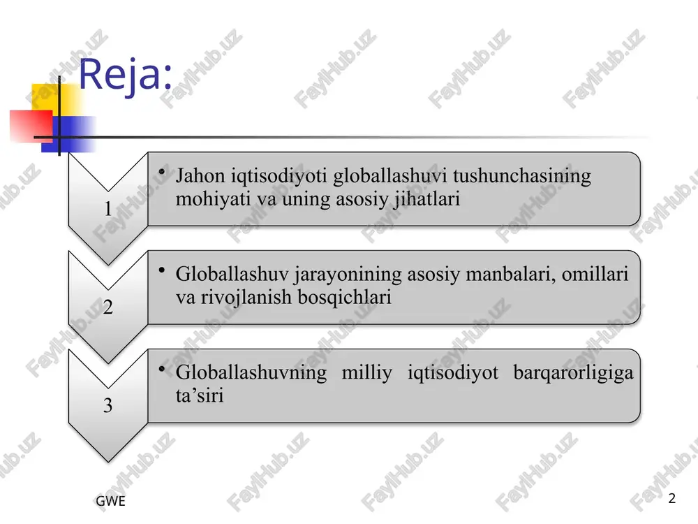 rkazlashuvning kuchayishi; iqtisodiyotda axborotlar ahamiyatining oshishi. shuningdek, axborot almashinuv darajasining keskin sur’atlarda kuchayishi; global oligopoliyaning toʻxtovsiz kengayishi; transmilliy korporatsiyalar sonining ortishi; iqtisodiy diplomatiyaning shakllanishi va rivojlanishi. 6 gwe 7 gwe jahon iqtisodiyotining globallashuvi jahon iqtisodiyoti globallashuvi global infratuzilmaning shakllanishi xalqaro savdoning rivojlanishi xalqaro moliya bozorlaridagi operatsiyalarning ortishi ishlab chiqarishning baynalminallashuvi xalqaro kapital harakatining kuchayishi xalqaro ishchi kuchi migratsiyasining oshishi 8 gwe globallashuv jarayoni jahon iqtisodiyotining quyidagi asosiy sohalari bo’yicha keng rivojlanmoqda: tovarlar, xizmatlar va intellektual mulk ob’ektlarining xalqaro savdosi; ishlab chiqarish omillarning xalqaro harakati; xalqaro moliya-kredit va valyuta operatsiyalari; ishlab chiqarish, ilmiy-texnikaviy, texnologik va axborotlar sohasidagi hamkorlik. gwe 9 iqtisodchi olimlar fikriga koʻra jahon iqtisodiyotida globallashuv jarayoni quyidagi holatlarni oʻz ichiga oladi: mintaqaviy integratsion jarayonlarni jadallashtiradi; xo’jalik yuritishni toʻliq erkinlashtirmagan davlatlar iqtisodiyotini ochiqligini ta’minlaydi; istalgan bozorlarga barcha ishtirokchilarning qarshiliksiz kirishini ta’minlaydi; moliyaviy va savdo operatsiyalarni amalga oshirishga tegishli tartiblarni universallashtiradi; bozorlarni tartibga solish va nazorat qilishni bir me’yorga keltiradi, ya’ni …