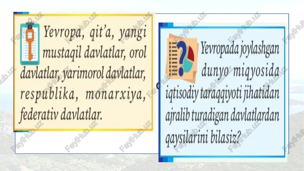 katta kavkaz tizmasi orqali o‘tkaziladi. yevropaning hozirgi siyosiy xaritasida (45-rasm), ikki qit’ada joylashgan rossiya federatsiyasini qo‘shganda, 44 ta mustaqil davlat mavjud. siyosiy xaritasi yevropa kichik mamlakatlar qit’asidir. qit’ada andorra, san marino, malta, monako, vatikan, lixtenshteyn singari “mitti” mamlakatlar joylashgan. vatikan monako mazkur davlatlardan tashqari, yevropadagi yana 12 ta davlatning maydoni 50 ming km2 dan kichikroqdir. 1.albaniya 2.belgiya 3. daniya 4. estoniya 5. moldova 6. niderlandiya 7. slovakiya 8. sloveniya 9. shimoliy makedoniya 10. shveytsariya (a) 11. chernogoriya (b) 1 6 5 4 3 2 b a 9 8 7 qit’adagi 10 ta mamlakat hududi 50 mingdan 100 ming km2 gacha boradi. 1. avstriya 2. bosniya va gertsegovina 3. irlandiya 4. latviya 5. litva 6. portugaliya 7. serbiya 8. vengriya 9. xorvatiya 10. chexiya (a) a 9 8 7 6 5 4 3 2 1 12 ta davlatning maydoni 100 mingdan 500 ming km2 gacha kattalikka ega. 1. belarus 2. bolgariya …