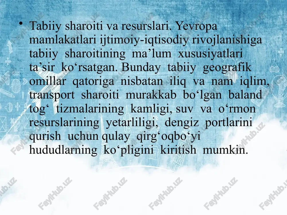 t qiladi (rossiyaning osiyodagi qismi bilan birga). bu dunyo aholisining 9,8 % ini tashkil etadi. yevropaning jahon aholisidagi ulushi aholi tabiiy ko‘payishining o‘ta pastligi tufayli borgan sari kamayib bormoqda. umumiy hisobda yevropa mamlakatlarida tug‘ilish va o‘lim ko‘rsatkichlari deyarli bir xil, tabiiy ko‘payish esa yo‘q. tug‘ilish darajasi o‘limdan ko‘ra past bo‘lib, aholining tabiiy kamayishi ro‘y berayotgan yevropa davlatlari soni yildan yilga ko‘paymoqda. germaniya, gretsiya, portugaliya, bolgariya, serbiya, latviya, litva, estoniya, ukraina, ruminiya, moldova, vengriya va boshqa mamlakatlarda bunday vaziyat uzoq vaqtdan buyon kuzatilmoqda. tug‘ilishning pastligi tufayli yevropa mamlakatlarida aholi qarishi jarayoni ro‘y bermoqda. 2018-yil holatiga ko‘ra, qit’a aholisining 16 % ini 14 yoshgacha bolalar tashkil etgan holda, 65 yoshdan katta bo‘lgan aholi qatlamining ulushi 18 % ga teng. yevropa xalqaro migratsiyaning yirik markazi hisoblanadi. ayniqsa, g‘arbiy yevropaning eng rivojlangan mamlakatlari dunyodagi yirik immigratsiya markazlari hisoblanadi. g‘arbiy yevropaga osiyo va afrikadan aholi ko‘chib kelishining sabablari, asosan, iqtisodiy mohiyatga ega, ya’ni g‘arbiy yevropa …