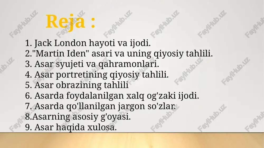 ini aks ettirgan. ammo londondan farqli oʻlaroq, asar qahramoni eden sotsializmga qarshi chiqadi. roman qahramoni ogʻir mehnat qilib, shuhrat qozonadi. ammo oʻzi ideallashtirgan tuzumdan hafsalasi pir boʻlib, umidsizlikka tushadi hamda oʻz joniga qasd qiladi. janri : roman avtobiografik asar qahramonlari : martin eden – bosh qahramon; sobiq dengizchi ruth morse – talaba, badavlat oila farzandi lizzie connolly – fabrika ishchisi joe dawson – edenning boshchisi russ brissenden – kasal yozuvchi asardagi portretning qiyosiy tahlili martin iden” – bu haddan tashqari hayotiy kitob, insoniyat nodonligidan tortib go‘zallik cho‘qqisigacha bo‘lgan katarsis sayohati. bu safarning transport vositasi – kitobdagi so‘zlar. martin temir irodasi bilan o‘zini o‘zi o‘qitishni kutubxonadan olgan kitoblari orqali boshlaydi. “martin iden” tarbiyaviy romanning ajoyib namunasidir. biz u bilan uning har bir rivojlanish bosqichi va yutuqlari, quvonchlari, kitoblar orqali hurmatga sazovor bo‘lish uchun qanday qadamlar qo‘yayotgani bilan yashaymiz. asardagi obrazlarning qiyosiy tahlili martin idenga birdan bir tasalli beradgan narsa bu she'riyat …