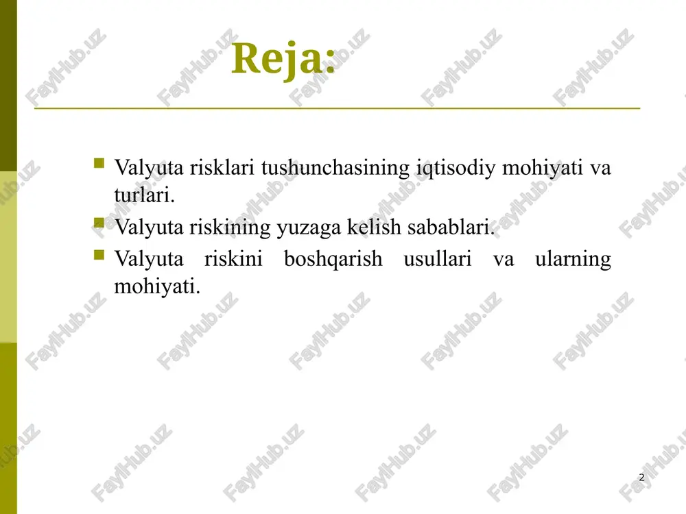 transmilliy korporatsiyalar va moliyaviy tashkilotlarning tashkil etilishi hamda ular faoliyatining diversifikatsiyalashuvi bilan bog‘liq bo‘lib, valyuta kurslarining keskin tebranishi natijasida pul yo‘qotishlari holatini yuzaga keltiradi. bunda valyuta kurslarining bir-biriga nisbatan o‘zgarishi bir qator omillar ta’siri orqali sodir bo‘ladi: jumladan, valyutalarning ichki qiymati o‘zgarishi bilan bog‘liq pul oqimlarining mamlakatlar o‘rtasida doimiy ko‘chib yurishi, spekulyatsion operatsiyalarning rivojlanishi va boshqalar. 6 valyuta riskini uch turga ajratish mumkin: 1 operatsion valyuta riski; 2 translyatsion valyuta riski; 3 iqtisodiy valyuta riski. 7 operatsion valyuta riski. operatsion risk asosan savdo operatsiyalari, shuningdek, dividend to‘lovlari va moliyaviy investitsiyalash bo‘yicha pulli shartnomalar bilan bog‘liq holda yuzaga keladi. operatsion risk pul mablag‘lari harakatida yuzaga kelgan holda foyda darajasiga bevosita salbiy ta’sir ko‘rsatadi. bu riskni pul mablag‘larining kutilayotgan oqimiga almashinuv kursi o‘zgarishining bevosita ta’siri natijasida yuqori foydaga erishmaslik yoki zararning yuzaga kelishi holati sifatida ta’riflash mumkin. 8 sotilgan mahsulotga xorijiy valyuta olishi lozim bo‘lgan eksport qiluvchi milliy valyutaga nisbatan xorijiy valyuta …