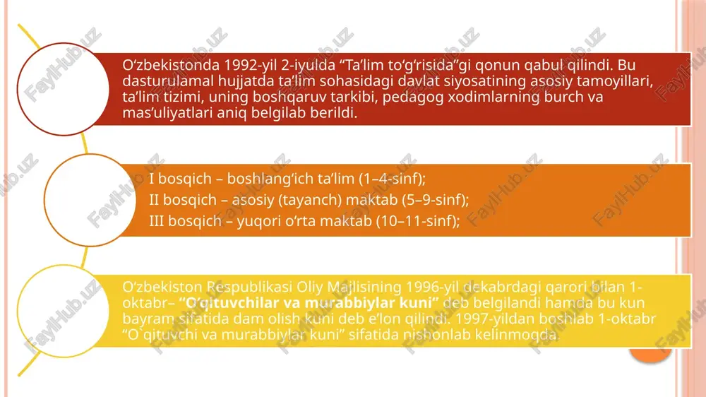 lar va umumta’lim o‘quv yurtlari tarmog‘i rivojlantirildi. toshkent, samarqand, urganch, to‘rtko‘l, andijon bank kollejlari, toshkent ayollar kolleji tashkil etildi. 1992—1996-yillarda 238 litsey va 136 gimnaziya ochildi va faoliyat ko‘rsatdi. „sog‘lom avlod uchun“, „iqtisodiy ta’lim“, „qishloq maktabi“, „rivojlanishda nuqsoni bo‘lgan bolalarni tiklash“ va boshqa tarmoq dasturlari ishlab chiqildi hamda ta’lim sohasida tatbiq etila bordi. islom karimov 1997-yil 29-avgustda oliy majlisning ix sessiyasida „barkamol avlod —o‘zbekiston taraqqiyotining poydevori“ mavzusida ma’ruza qildi. 1997-yil 29-avgust kuni o‘zbekiston respublikasi oliy majlisining ix sessiyasida o‘zbekiston respublikasining „ta’lim to‘g‘risida“ gi yangi qonuni va „kadrlar tayyorlash milliy dasturi“ qabul qilindi. ularda ta’lim sohasidagi davlat siyosatining quyidagi asosiy prinsiplari belgilab berildi: ta’lim va tarbiyaning insonparvar, demokratik xarakterda ekanligi; ta’limning uzluksizligi va izchilligi; umumiy-o‘rta, shuningdek o‘rta maxsus, kasb-hunar ta’limining majburiyligi; o‘rta maxsus, kasb-hunar ta’limining yo‘nalishini: akademik litseyda yoki kasb-hunar kollejida o‘qishni tanlashning ixtiyoriyligi; ta’lim tizimining dunyoviy xarakterda ekanligi; davlat ta’lim standartlari doirasida ta’lim olishning hamma uchun ochiqligi; ta’lim dasturlarini tanlashga …