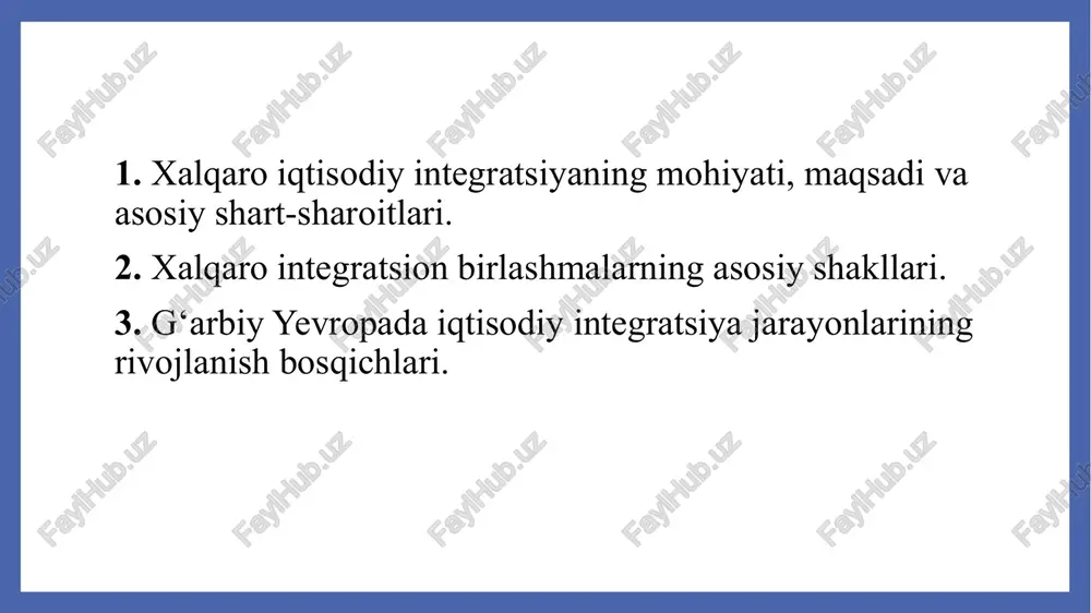 qilinsa, uch nafar investorning har biri qachon sarflash istagidan qat’i nazar ko‘proq pul oladi. bu kompaniyaning boshqa aksiyadorlariga ham tegishlidir. aksiyadorlar yakdillik bilan x loyihasini amalga oshirish uchun ovoz beradilar. 1. xalqaro iqtisodiy integratsiyaning mohiyati, maqsadi va asosiy shart-sharoitlari integratsiya integratsiya (integration) lotincha “integratio” (yaxlit, butun) so’zdan olingan bo’lib, ko’p sohalarda qo’llaniladi. umumiy mazmuni – bir biriga yaqin ob’ektlarning bitta ob’ektga birlashish jarayonini bildiradi. 1. xalqaro iqtisodiy integratsiyaning mohiyati, maqsadi va asosiy shart-sharoitlari mikro va makro darajadagi barqaror iqtisodiy aloqalar asosida qo’shni mamlakatlar iqtisodiyotini yagona xo’jalik kompleksiga qo’shilib ketish jarayoni. xalqaro iqtisodiy integratsiya mikro va makro darajadagi barqaror iqtisodiy aloqalar asosida qo’shni mamlakatlar iqtisodiyotini yagona xo’jalik kompleksiga qo’shilib ketish jarayoni 9 xalqaro iqtisodiy munosabatlarda integratsion jarayonlar ko‘rinishi mikro darajada – bu jarayon qo‘shni mamlakatlardagi alohida firmalarning turli shakllardagi iqtisodiy aloqalarni amalga oshirish orqali, shuningdek, xorijiy mamlakatlarda o‘z filiallarini tashkil etish yordamida yuzaga keladi. davlatlararo darajada – integratsiya mamlakatlarning iqtisodiy birlashma-larini …