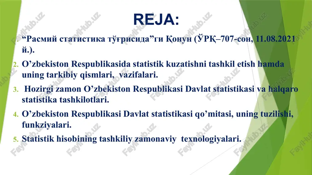 ni jihozlanish darajasining bozor iqtisodiyoti talablariga javob berishi va bermasligini o’rganish uchun maxsus kuzatish o’tkazish. bunday kuzatishni keyinchalik o’tkazmaslik ham, zaruriyat tug’ilsa, yana o’tkazish ham mumkin. fursatli kuzatish deganda ma’lum muddatlarda o’tkaziladigan kuzatishlar tushuniladi. masalan, aholi ro’yxati va boshqalar. uzluksiz kuzatish deganda hodisalar ro’y berishi bilanoq qayd qilinadigan kuzatish tushuniladi. masalan, bola tug’ilishi, nikohdan o’tish kabi voqea (hodisa)lar sodir bo’lishi bilanoq, ya’ni o’sha kunning o’zidayoq qayd etiladi. o’rganilayotgan to’plam birliklarini o’z ichiga qamrab olishiga qarab, statistik kuzatish ikki turga: yoppasiga kuzatish va qisman kuzatishga bo’linadi. yoppasiga kuzatishda to’plam birliklarining barchasi kuzatiladi.masalan, o’zbekistonda aholi ro’yxati o’tkaziladigan bo’lsa, respublika fuqarolarning barchasi (qaerdaligidan qat’iy nazar) ro’yxatga olinadi. bu degani fuqaro chet davlatdami, dengizdami, okeandami va hatto kosmosdagi kishi ham ro’yxatdan o’tishi kerak. qisman kuzatishda o’rganilayotgan to’plam birliklarining bir qismi kuzatishga jalb qilinadi. qisman kuzatish to’rtta turga: anketa orqali kuzatish, monografik tasvirlash, asosiy massivni kuzatish, tanlab kuzatishga bo’linadi. mamlakatda statistika rivojining tarixiy bosqichlari 1992 …