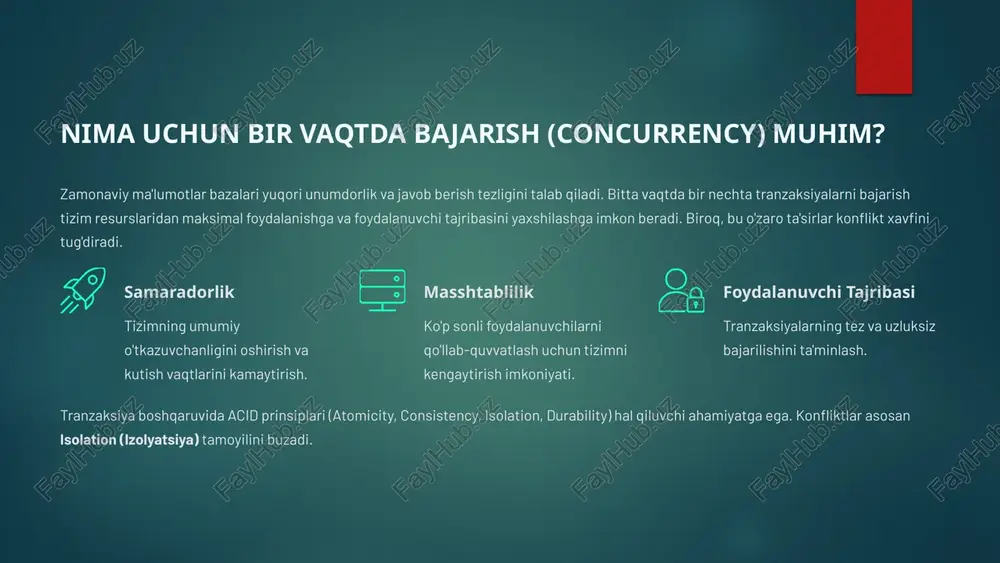 asi biror ma'lumotni o'qiydi. keyin t2 tranzaksiyasi o'sha ma'lumotni o'zgartiradi va tasdiqlaydi (commit). agar t1 yana shu ma'lumotni o'qisa, u boshqa qiymatni oladi. t1 ichida bir xil so'rov turli natijalar qaytaradi. oqibat: tranzaksiya ichidagi mantiqiy nomuvofiqlik. 3. xayoliy o'qish (phantom read) t1 tranzaksiyasi bir shartga mos keladigan ma'lumotlar to'plamini o'qiydi (masalan, barcha 'active' foydalanuvchilar). keyin t2 tranzaksiyasi shu shartga mos keladigan yangi qatorlarni qo'shadi va tasdiqlaydi. t1 so'rovni takrorlaganida, u qo'shimcha "xayoliy" qatorlarni ko'radi. oqibat: qatorlar to'plamida boshqarilmaydigan o'zgarishlar. 3 konfliktlarning yuzaga kelish mexanizmi: write-write va read-write tranzaksiya konfliktlari asosan ikkita tranzaksiya bir xil ma'lumotlarga kirishga yoki ularni o'zgartirishga harakat qilganda sodir bo'ladi. bu o'zaro ta'sirlar ma'lumotlarning noto'g'ri holatga tushishiga olib kelishi mumkin. 1. yozish/yozish konflikti (write-write conflict) ikkita tranzaksiya bir vaqtning o'zida bir xil ma'lumotni o'zgartirishga harakat qilganda yuzaga keladi. bu eng jiddiy konflikt bo'lib, odatda blokirovka (locking) orqali hal qilinadi. agar tizim buni boshqara olmasa, oxirgi yozish avvalgi …