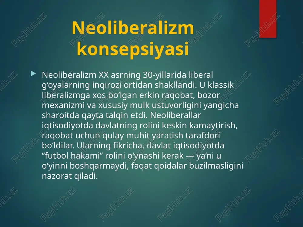a ko‘ra, iqtisodiy va ijtimoiy jarayonlar “o‘z-o‘zidan yuz beradigan tartib” asosida rivojlanadi, ularni markazlashgan davlat boshqaruvi bilan boshqarish mumkin emas. xaek markaziy rejalashtirishni “ma’muriy despotizm” deb atab, uni erkin jamiyatga zid deb hisoblagan. u mikroiqtisodiy jarayonlarni tahlil qilish orqali butun iqtisodiy tizimning harakatini tushuntirish mumkinligini isbotlagan. bozor mexanizmi axborot oqimi orqali resurslarni optimal taqsimlaydi, narxlar esa iqtisodiy signallar sifatida ishlaydi. xaek pul emissiyasining davlat qo‘lida bo‘lishini tanqid qilib, xususiy banklar o‘rtasidagi raqobat orqali barqaror pul tizimi yaratilishini taklif etgan. uning g‘oyalari bugungi kunda ham bozor erkinligi va davlat cheklovlari o‘rtasidagi muvozanatni tushunishda muhim nazariy asos bo‘lib qolmoqda. v. oyken “iqtisodiy tizim tiplari” haqida valter oyken (1891–1950) neoliberal maktabning muhim namoyandasi bo‘lib, u “milliy iqtisodiyot asoslari” asarida iqtisodiy tizimlarning ideal va real tiplari haqidagi g‘oyani ilgari surgan. uning fikricha, har bir mamlakat iqtisodiyoti pul, mehnat, foyda, baho kabi bir xil elementlardan iborat bo‘lsa-da, ularning ishlash usuli boshqacha bo‘ladi. bu farq mamlakatning …