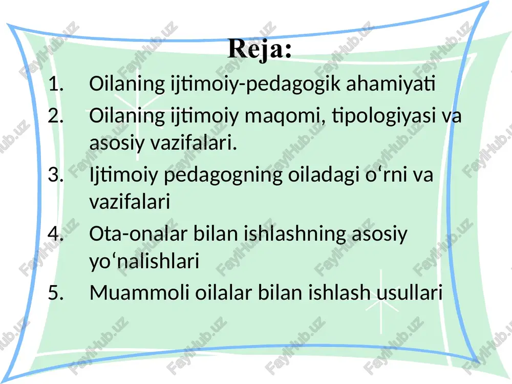 m topishdir. ijtimoiy pedagog bolalar huquqlarini himoya qiladi, oiladagi nizolarni yumshatishga yordam beradi, bolalarning maktabdagi va uy sharoitidagi holatini o‘rganadi. shuningdek, u ota-onalarga psixologik maslahat beradi, tarbiyadagi zamonaviy yondashuvlarni tushuntiradi. pedagog oilaning ijtimoiy faolligini oshirish, bolalarning ijtimoiylashuv jarayonini qo‘llab-quvvatlash, ota-onalarning tarbiyaviy savodxonligini oshirish orqali jamiyat barqarorligiga hissa qo‘shadi. shu tariqa ijtimoiy pedagog oila va maktab o‘rtasidagi ko‘prik vazifasini bajaradi hamda bolalarning sog‘lom, faol, mustaqil shaxs sifatida shakllanishiga yordam beradi. ota-onalar bilan ishlashning asosiy yo‘nalishlari ota-onalar bilan ishlash ijtimoiy pedagog faoliyatining markazida turadi. bu ishning maqsadi — ota-onalarning pedagogik madaniyatini oshirish, ularni bolalar tarbiyasida faol ishtirok etishga undashdir. asosiy yo‘nalishlarga ota-onalar yig‘ilishlari, suhbatlar, treninglar, maslahatlar va seminarlar tashkil etish kiradi. shu orqali ota-onalar o‘z farzandlarining yosh xususiyatlari, psixologik ehtiyojlari hamda to‘g‘ri tarbiya usullari haqida ma’lumotga ega bo‘ladilar. ijtimoiy pedagog ular bilan individual suhbatlar o‘tkazib, oilaviy muammolarni aniqlaydi va ularni hal etishda yordam beradi. ayniqsa, oilada nizoli holatlar, tarbiya xatolari yoki bolalarda …