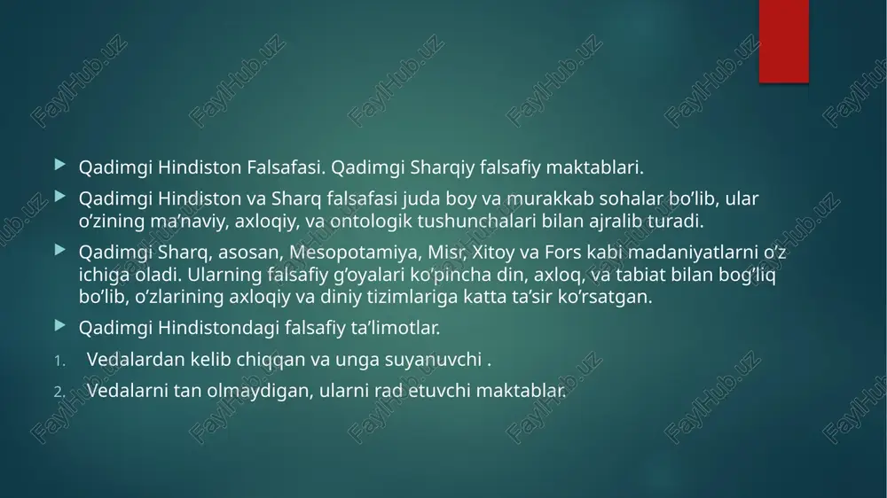 hga qaratilgan turli yondoshuvlarni taklif qilgan. konfutsiychilik . xitoy falsafasining eng mashhur va ta’sirchan maktabidir, konfutsiy (kong fuzi) tomonidan asoslangan. daoizm — xitoy falsafasining yana bir asosiy maktabi, laozi tomonidan shakllantirilgan. daoizm, asosan, tabiiy qonunlarga va insonning ularga bo’lgan moslashuviga asoslanadi. motszi — motszi tomonidan asoslangan maktab bo’lib, u ijtimoiy adolat, tenglik va ahloqiy yaxshilikni targ’ib qiladi. moizmning ba’zi jihatlari konfutsiychilikka qarshi chiqadi. xulosa qadimgi xitoy falsafasining turli maktablari insoniyat va tabiat, siyosat, axloq va jamiyatdagi tartib haqida chuqur mulohazalar olib borishgan. konfutsiychilik axloqiy qadriyatlar, ijtimoiy tartib va o’zaro hurmatni ilgari surgan bo’lsa, daoizm insonning tabiiy holatda yashashini ta’kidlagan, legalizm esa qat’iy qonunlar asosida jamiyatni boshqarishni maqsad qilgan. moizm kabi maktablar esa har bir insonning vazifasini va tabiat bilan uyg’unligini tushunishga qaratilgan. eʼtiboringiz uchun tashakkur. muxtorova gulrux bt 10 24 guruh talabasi. image6.jpeg image7.jpeg image8.jpeg image9.jpeg image2.png image3.png image4.png image5.png /docprops/thumbnail.jpeg