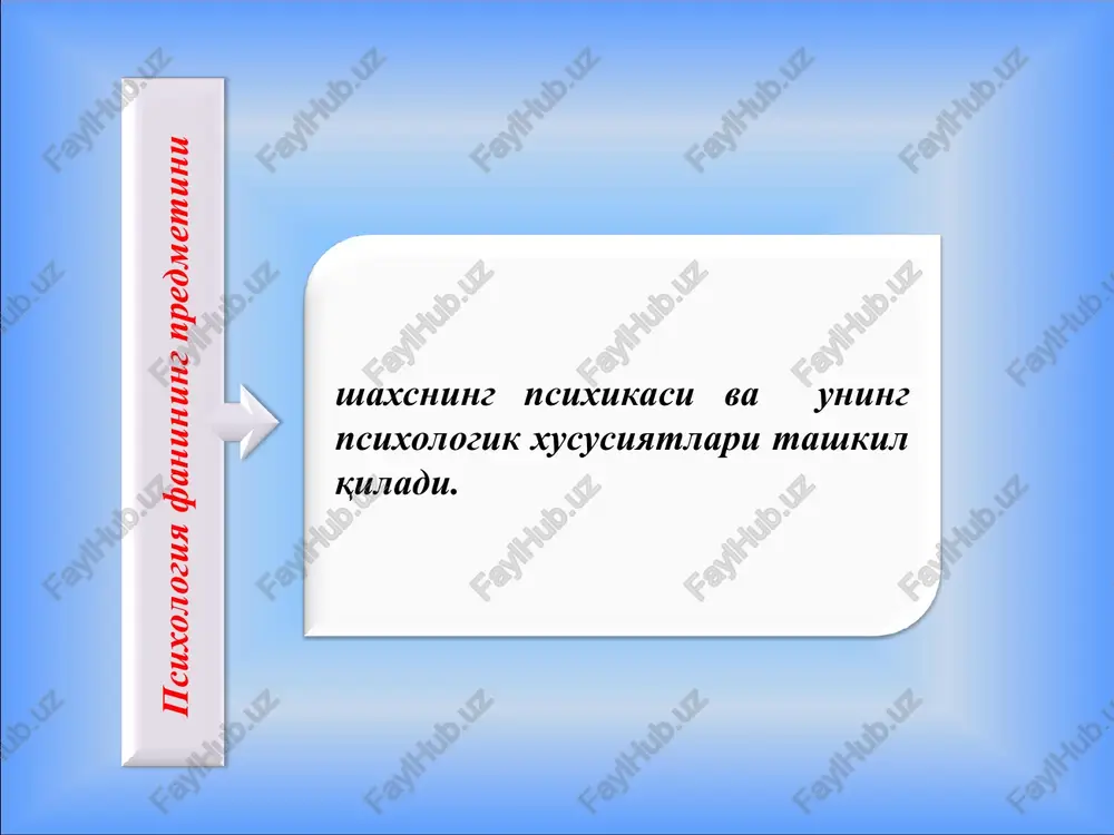 xvii asrda tabiiy fanlar rivojlanishi bilan boshlanadi. fikrlash, xoxlash, xis qilish, qobiliyatini ong deb atashgan. o'z-o'zini kuzatish asosiy metod hisoblangan. bu yo'nalish psixologiyada bundan 2500 yil oldin paydo bo'lgan. inson hayotidagi barcha narsalar tushunchalarni, tushunarsiz hodisalarni jon, ruh bilan tushuntirishga harakat qilganlar. * 3 bosqich psixologiya xulq-atvor haqidagi fan 4 bosqich psixologiya, psixikaning mexanizmlari, qonuniyatlari va faktlarini o'rganuvchi fan sifatida dunyoga materialistik nuqtai-nazardan qarash shakllangan. rossiya psixologiyasi-ning asosida aks ettirish nazariyasi asosiy qonuniyat sifatida ko'rsatiladi. xix asrdan boshlanadi. psixologiyaning vazifasi ko'rgan narsalarni bevosita kuzatish, aniqrog'i inson hulq-atvorini faoliyatini reaktsiyasini kuzatish deb hisoblangan. bunda motivlarning o'rni hisobga olinmagan. * * refleks organizmning tashqi va ichki ta'sirotlarga markaziy nerv tizimi orqali bergan javob reaktsiyasidir inson hayotida reflekslarni yuqori baholab, i.m.sechenov tomonidan quyidagicha ta'rif beriladi: “ongli va ongsiz hayotning barcha aktlari (harakatlar) kelib chiqishi usuliga (mohiyatiga) ko'ra reflekslardir” * ong psixikaning eng yuksak darajasi bo'lib u faqat insongagina xosdir. * ongsizlik bu shunday …