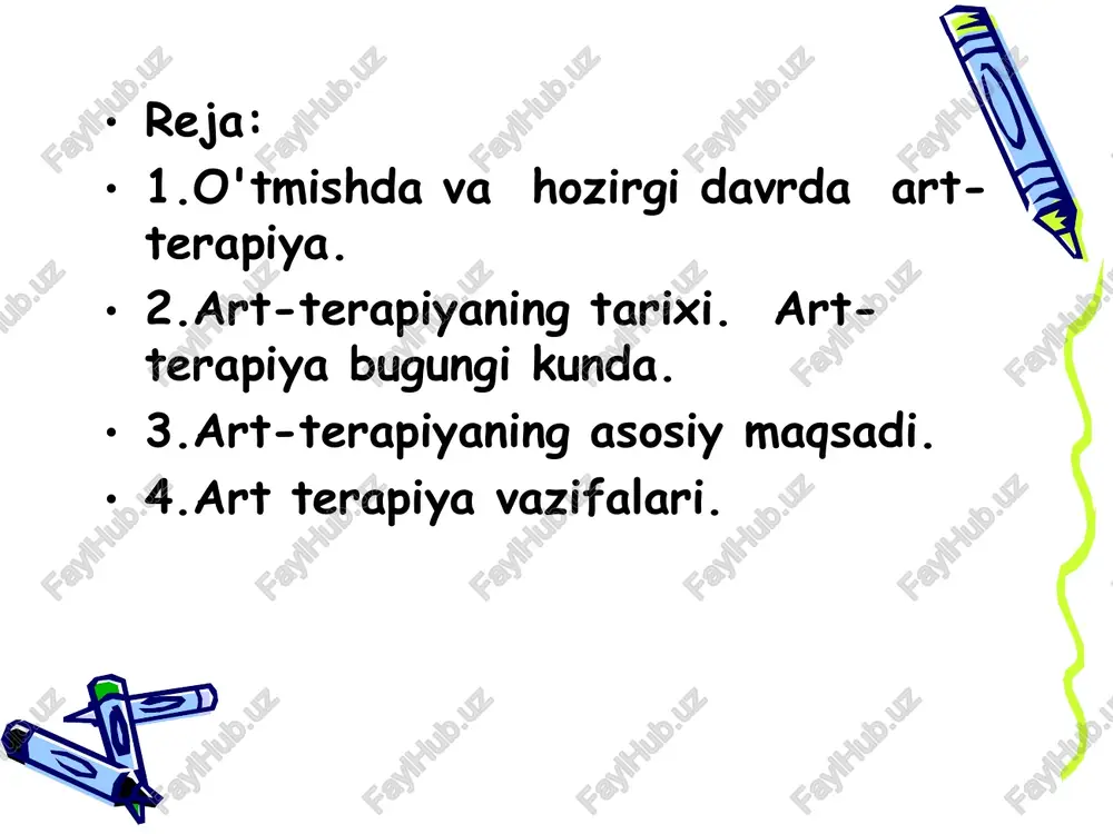 odi fantaziya va tush ko'rish bilan juda ko'p umumiylikka ega. art terapiya treninglari orqali erishiladigan maqsadlar: o'z muammolari, o'z – o'zining ichki kechinmalari, tuyg'u va emotsiyalarni izxor qilish dunyo bilan bog'liqlikning yangi formalarini aktiv ravishdv qidirish. o'z individualligini, qaytarilmasligini va ahamiyatliligini ta'kidlash. art – terapiya bolalardagi sirlilikni ochib beradi. art – terapiya bolalar va kattalar bilan ishlar ekan shu maqsadlarni nazarda tutadi. bola o'zini bezovta qilayotgan narsani to'liq tushuntirib bera olmaydi. u o'z qo'rquvini oddiy gaplar bilan izxor qiladi. “qorong'uda kimdir mani o'g'irlab ketishidan qo'rqaman”. agar boladan bu kim bo'lishi mumkin deb so'ralsa bola javob bera olmaydi, lekin o'z qo'rquvini tasvirlab berishga yoki obraz orqali tushuntirib berishga harakat qiladi. art terapiya - ziddiyatlar kaliti. art – terapiya – bu og'ir muammolar bilan kontaktga kirishishning eng yumshoq ish metodi. bola o'z muammolarini tan olmasligi va ular haqida gapirmasligi mumkin, lekin shu bilan bir paytda narsalar yasashni, o'zini gavda harakatlari orqali izxor …