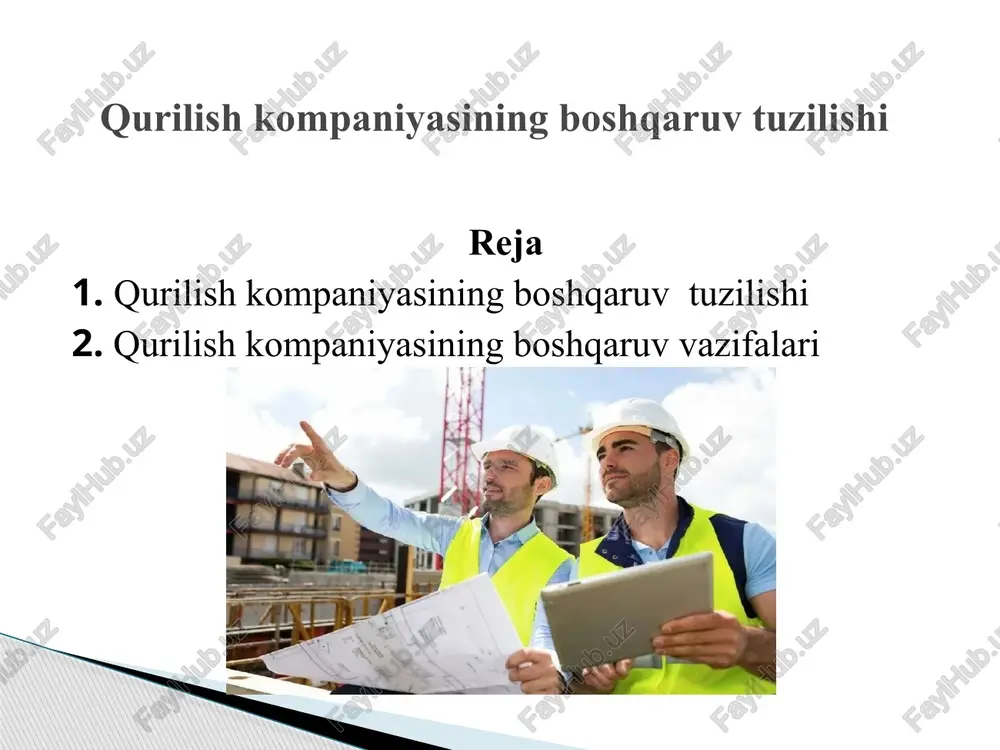 y o'sishi uchun javobgardir va korxona egasiga yoki direktorlar kengashiga hisobot beradi. - qurilish kompaniyasining kundalik ishlarini boshqaradi. strategiyani belgilaydi va moliya, operatsiyalar, savdo va kadrlar bo'limlarini nazorat qiladi. - bo'sh ish o'rinlari to'ldirilishi kerak bo'lganda yangi kengash a'zolarini jalb qilishga yordam beradi. - kengash va xodimlar o'rtasida vositachi sifatida xizmat qiladi. - oav va jamoatchilikda kompaniyaning vakili sifatida ishlaydi. boshqaruv guruhi odatda tashkilot tarkibidagi turli bo'limlar boshlig'i sifatida ishlash uchun tajriba va ma'lumotga ega bo'lgan odamlardan iborat. - loyiha direktori u har bir loyihani rejalashtirish va boshqarish uchun javobgardir. siz byudjet to'g'risida qaror qabul qilishingiz, ishchilarni va ularning vazifalarini ishni oxiriga etkazishingizni va ishchilar xavfsizligini nazorat qilishingiz kerak. ular qurilish ishlarini shartnomaga muvofiq bajarilishini ta'minlashi kerak. loyihalar va kompaniyaning kundalik operatsiyalari xodimlariga rahbarlik qiladi. kompaniya o'z maqsadlariga erishish uchun dinamik va innovatsion bo'lishi kerak. u loyihalarni nafaqat o'z vaqtida bajarilishini, balki byudjet hisobidan ushlab turilishini ta'minlash haqida qayg'uradi. u …