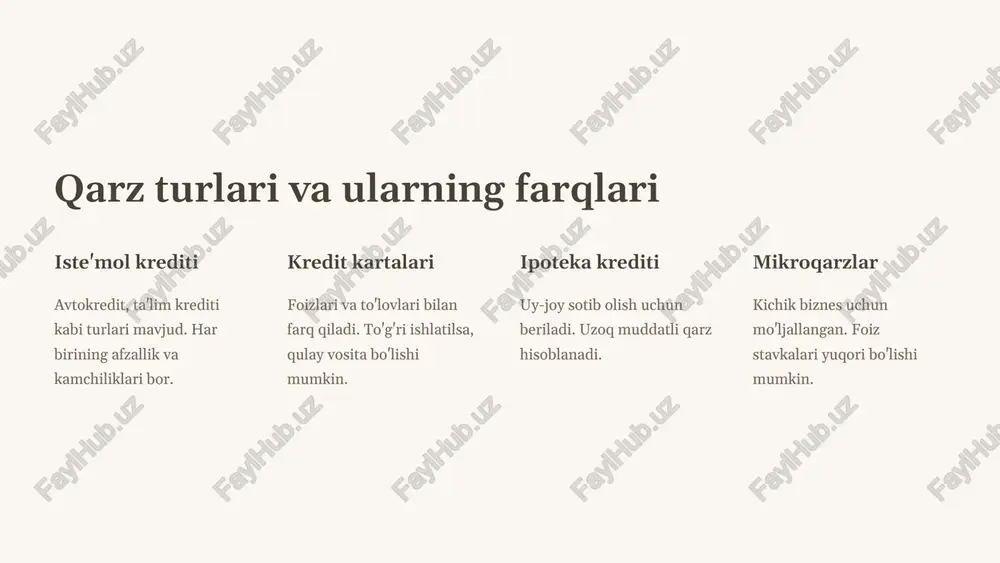 kshirish muntazam tekshirish. xatolarni tuzatish xatolarni aniqlash. ballni yaxshilash usullari mavjud. kredit hisoboti - moliyaviy ahvolingizni ko'rsatadi. kredit ballni tekshirish va xatolarni tuzatish muhim. 7 moliyaviy maqsadlarni belgilash 1 uzoq muddatli 2 o'rta muddatli 3 qisqa muddatli moliyaviy maqsadlar aniq bo'lishi kerak. smart maqsadlar - aniq, o'lchanadigan, erishish mumkin bo'lgan, dolzarb, vaqt bilan chegaralangan. 8 moliyaviy resurslar va yordam veb-saytlar moliyaviy savodxonlik bo'yicha. maslahatchilar ularning xizmatlari. davlat yordami dasturlari mavjud. moliyaviy savodxonlikni oshirish uchun ko'plab resurslar mavjud. moliyaviy maslahatchilar va davlat yordam dasturlaridan foydalanish mumkin. 9 xulosa 1 muhimligi moliyaviy savodxonlik muhim. 2 afzalliklari to'g'ri boshqarish afzalliklari. 3 keyingi qadamlar maslahatlar. moliyaviy savodxonlik - har bir inson uchun zarur bilim. qarzni to'g'ri boshqarish moliyaviy barqarorlikka olib keladi. 10 image1.png image2.png image3.png image4.png image5.png image6.png image7.png image8.png image9.png image10.png image11.png image12.png image13.png image14.png image15.png image16.png image17.png image18.png image19.png image20.png image21.png image22.png image23.png