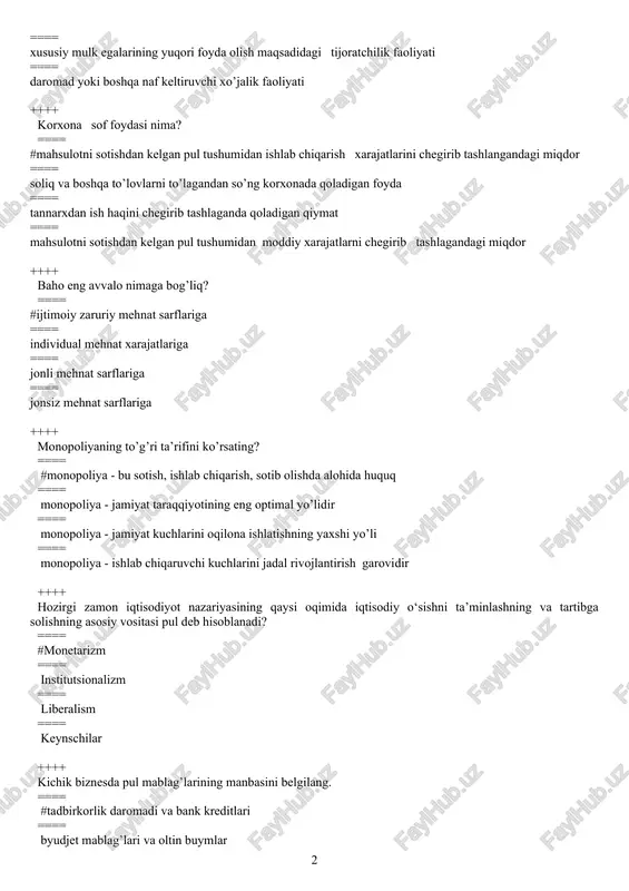 axshi yo’li ==== monopoliya - ishlab chiqaruvchi kuchlarini jadal rivojlantirish garovidir ++++ hozirgi zamon iqtisodiyot nazariyasining qaysi oqimida iqtisodiy o‘sishni ta’minlashning va tartibga solishning asosiy vositasi pul deb hisoblanadi? ==== #monetarizm ==== institutsionalizm ==== liberalism ==== keynschilar ++++ kichik biznesda pul mablag’larining manbasini belgilang. ==== #tadbirkorlik daromadi va bank kreditlari ==== byudjet mablag’lari va oltin buymlar ==== bank kreditlari va ko’chmas mulk ==== sug’urta mablag’lari va ish haqi ++++ “iqtisodiyot nazariyasi” fanining predmeti nimadan iborat? ==== #iqtisodiy munosabatlarni va ijtimoiy xo‘jaliklarni samarali yuritishning iqtisodiy qonun-qoidalarini o‘rganishdan ==== huquqiy munosabatlarni o‘rganishdan. ==== tashkiliy munosabatlarni o‘rganishdan. ==== siyosiy munosabatlarni o‘rganishdan; ++++ iqtisodiyotning bosh masalasi va doimiy muammosi: ==== #ehtiyojlarning cheksizligi va resurslarning cheklanganligi sharoitida nima, qanday, qancha va kim uchun ishlab chiqarish ==== ishlab chiqarish hajmini oshirish uchun qancha ishchi kuchi sarflash kerak ==== davlatning milliy daromadini qanday oshirish mumkin ==== to’g`ri javob yo’q ++++ ehtiyoj - bu........ ==== #hayotiy vositalarga bo’lgan …