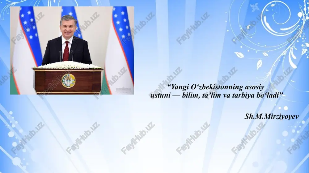 lik ruhida tarbiyalash yo‘nalishida: b) ota-onalar va mahalla bilan hamkorlik yo‘nalishida: d) o‘quvchilarning bo‘sh vaqtlarini mazmunli tashkil etish, maktabdan va sinfdan tashqari faoliyatga jalb etish yo‘nalishida: e) o‘quvchilarning o‘zini o‘zi boshqarish tizimini takomillashtirish yo‘nalishida: f) pedagogik jamoa bilan birgalikda: mavzuga oid me’yoriy hujjatlar. maktabgacha va maktab ta’limi vazirligining “umumiy o‘rta ta’lim muassasasining sinf rahbarlari faoliyatini tashkil etish to‘g‘risida”gi lavozim yo‘riqnomasi 23.07.2023 yil 190-son buyrug‘iga asosan sinf rahbari faoliyatini olib bormoqda. sinf rahbarlarining asosiy vazifalari. a) ta’lim muassasasining tarbiyaviy tizimidagi tayanch pedagoglardan biri sifatida o‘ziga biriktirilgan sinf o‘quvchilarining amalda belgilangan ta’lim va tarbiya olishlarini tashkil etish; b) odob-axloq va ichki tartib qoidalariga muvofiq muomala va kiyinish madaniyatiga qat’iyan amal qilish, jamoada namunali bo‘lish; c) o‘quvchilarning o‘sib-ulg‘ayishlarini pedagogik kuzatuvlar asosida nazorat qilish, yordamga muhtoj o‘quvchilarga yakka holda yondashish asosida ular qalbida milliy g‘urur, vatanparvarlik, mehr-muruvvat, mas’uliyat, tashabbuskorlik, ishbilarmonlik kabi xislatlarni uyg‘otish; mavzuga oid adabiyotlar tahlili maktabgacha va maktab ta’limi vazirligining “umumiy o‘rta …