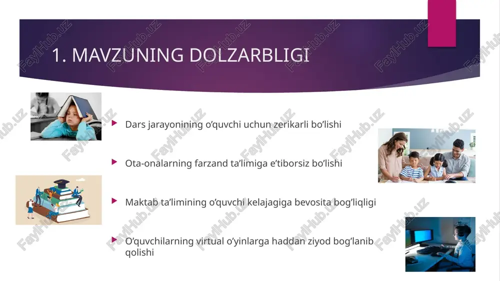 n ota-onalarga nisbatan jarima jazosi mavjud. xususan, jazo tariqasida ota-onalar majburiy tarbiyalash kurslari va oilaviy maslahat kurslariga jalb qilinishlari mumkin. rivojlangan davlatlardan biri – germaniyada farzandlari maktabga kelmagan ota-onalar ogohlantiriladi. agar ushbu holat yana davom etsa, ularga nisbatan jarima jazosi (1250 yevrogacha) qo‘llaniladi. 6. qiyosiy tahlil amaldagi holat (o’zbekistonda) amaldagi holat (xorij davlatlarida) takliflar 1. ma’muriy javobgarlik to‘g‘risidagi kodeksning 47-moddasi (bolalarni tarbiyalash va ularga ta’lim berish borasidagi majburiyatlarni bajarmaslik) 2- va 4-qismlari bilan 52 nafar shaxs ma’muriy javobgarlikka tortilgan b.britaniyada ota-onalar tomonidan bu kabi huquqbuzarlik yana qayta sodir qilinsa, 2500 funt sterlinggacha jarima yoki 3 oygacha qamoq jazosi qo‘llanilishi belgilangan dars qoldirmasdan o’qiyotgan o’quvchilarni moddiy va ma’naviy rag’batlantirish 2. ota-onalar farzandlari ta’limida be’etibor bo’lishi. farzandining boshlang’ich ta’limi uning kelajagi bilan bevosita bog’liqligini his qilmasligi ota-onalar farzandini eng birinchi ta’limidan unga jiddiy e’tibor berib qo’llab quvvatlashligi keng jamoatchilik va media tarmoqlarida tushuntirish ishlarini olib borishj 7. xulosa xulosa qilib shuni aytamizki, …