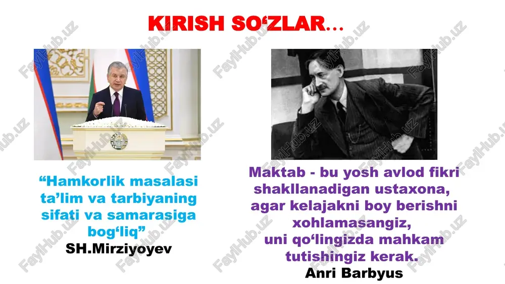 ntabrdagi “ta’lim to‘g‘risida” qonuni o‘rq-637-son 10-bob; muammoning hal etish sabablari va muhimliligi ta’limga yangi metodikalarni joriy etish xorij tajribasi asosida o‘quvchilarda tanqidiy va ijodiy fikrlashni rivojlantirish xorijiy tashkilotlar bilan hamkorlik qilish orqali maktab samaradorligini oshirish ta’limning o‘sishida muhim ahamiyatga egaligi bugungi kunda har bir o‘quvchining xorijiy tillarni bilishi muhimligi va hozirgi globallashuv davrining asosiy talabi ekanligi sh.mirziyoyev “milliy taraqqiyot yo‘limizni qat’iyat bilan davom ettirib, yangi bosqichga ko‘taramiz”. toshkent “o‘zbekiston” 2017.16-bet koreya respublikasi ta’lim tizimidan http://geo.1september.ru/article.php?id=200203204 mavzuga oid adabiyotlar tahlili germaniyaning 12- prezidenti frank valtershitaynmayerning uzoq muddatga mo‘ljallangan dasturidan angliyaning maktablar vaziri robin uoker “angliya dunyoning eng yaxshi o‘qituvchilari uchun o‘z eshiklarini ochadi”. markaziy axborot bo‘limi jurnalistlari uchun bergan intervyusidan 9 yosh avlodni mustaqil hayotga tayyorlash ta’lim xizmatlari bozorida sog‘lom raqobatni rag‘batlantirish. mehnat bozoriga sifatli kadrlarni tayyorlash. o‘quvchi yoshlar orasida yuzaga kelayotgan turli muammolarni bartaraf etishga erishish. maqsad hamkorlik strategiyasi uchun aniq belgilangan reja ishlab chiqish rejani maktab va hamkor tashkilot …