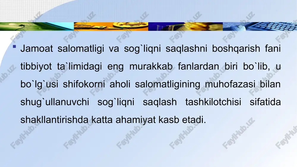 arish – tibbiyot menejmentligi. 9. xorijiy davlatlar sog`liqni saqlash tizimini o`rganish – xalqaro tibbiyot. jamoat salomatligi va sog`liqni saqlashni boshqarish fani bir-biri bilan bog`liq bo`lgan tadqiqot usul va uslublariga ega. ular: statistik usul. tarixiy usul. ekspert baholash usuli. iqtisodiy tadqiqot usuli. eksperimental usul. satsiologik usul. statistik usul. har qanday ijtimoiy-gigiyenik tadqiqotlar statistik usul yordamida amalga oshiriladi. statistik usulning eng muhim bosqichlaridan biri olingan ma`lumotlarni yig`ish, tahlil etish va baholashdan iboratdir. statistik usul ko`proq matematik statistikaga suyangan holda tadqiqot natijalarini hisoblaydi va tahlil etadi. ularga nisbiy qiymatlar, o`rtacha qiymatlar, standartlash usuli, korrelyatsion tahlil kabi baholash mezonlari va boshqalar kiradi. tarixiy usul — sotsial-gigiyenik tadqiqotlarda aholi salomatligining, sog`liqni saqlash tizimining dinamikasini jamiyatning tarixiy taraqqiyot davrlaridagi siyosiy, ijtimoiy-iqtisodiy sharoitlarining o`zgarishlari bilan bog`lab o`rganadi. ekspert baholash usuli – tibbiy yordamning sifati va samaradorligini baholashda belgilangan me`zonlar va tamoyillarga asoslanadi. iqtisodiy tadqiqot usuli – sog`liqni saqlash tizimiga ajratilgan mablag`lardan unumli va samarali foydalanish, rejalashtirish va …