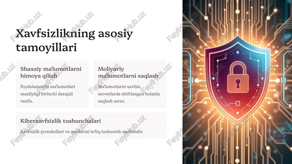ma'lumot kiriting. 7 kompyuter va mobil qurilmalarni himoya qilish antivirus dasturlari doimiy himoya va zararli dasturlardan xavfsizlikni ta’minlaydi. 1 yangilanishlar operatsion tizim va ilovalarni doim yangilab boring. 2 jamoat wi-fi xavfi ochiq tarmoqlarda ehtiyotkor bo‘ling, vpn foydalanish tavsiya etiladi. 3 8 xavfsizlikni ta'minlash bo'yicha amaliy maslahatlar ehtiyotkorlikni unutmang onlayn xarid qilayotganda diqqatni yuqori saqlang. ma'lumotlarni himoya qiling shaxsiy va moliyaviy ma'lumotlarga doimiy e'tibor bering. xavfsizlik qoidalariga rioya qiling tavsiya etilgan xavfsizlik qoidalarini qat’iy bajaring. 9 xulosa xavfsiz to‘lovlar ahamiyati onlayn xaridlar davomida himoya muhim omil sifatida qoladi. doimiy bilim olish kiberxavfsizlik bo‘yicha yangi bilim va texnologiyalarni o‘rganing. texnologiyalar rivojlanishi kelajakda xavfsizlik tizimlari yanada kuchayadi va takomillashadi. 10 image1.png image2.png image3.png image4.png image5.png image6.png image7.png image8.png image9.png image10.png image11.png image12.png image13.png image14.png image15.png image16.png image17.png image18.png image19.png