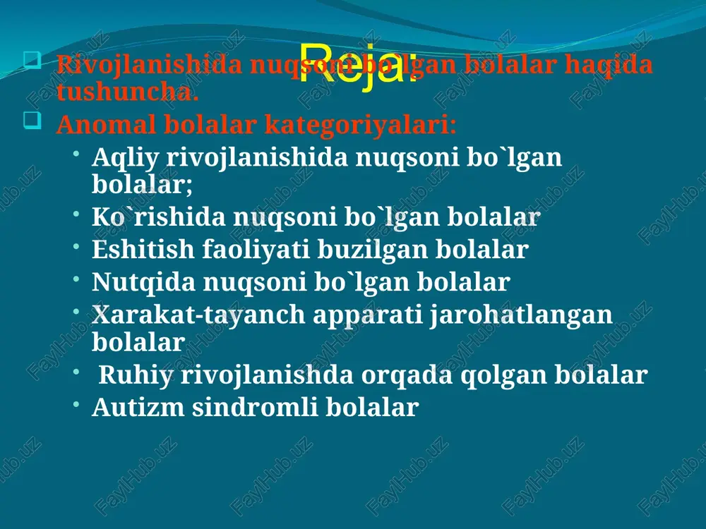 soni bo`lgan bolalar nutqi daktil nutq – eshitishda nuqsoni bo`lgan bolalarni o`zaro muloqot vositasi bo`lib, barmoq harakatlari bilan harflarni ifoda etish tushuniladi. nutqida nuqsoni bo`lgan bolalar nutq nuqsonlarining tasnifi: ovoz buzilishlari: afoniya, disfoniya, fonesteniya; tovushlar talaffuzidagi buzilishlar: dislaliya, rinolaliya, dizartriya; nutqning temp-ritm ravonligining buzilishlari: bradilaliya, taxilaliya, duduqlanish; sistemali nutq buzilishlari: alaliya, afaziya; yozma nutq buzilishlari: agrafiya, disgrafiya, aleksiya, disleksiya. harakat-tayanch apparati jarohatlangan bolalar harakat-tayanch apparati jarohatlangan bolalar turlari bolalar serebral falaji skolioz poliartrit osteomielit poliomielit xondrodistrofiya raxit nuqson bilan tugʼilib buyuklikka erishgan insonlar charlz darvin (charles darwin) charlz darvin yoshligidan sog‘lig‘i zaif bo‘lgan, ko‘p marta ruhiy tushkunlik va asabiylikdan aziyat chekkan. uning holati ko‘p o‘qish va sayohat qilishni qiyinlashtirgan. shunga qaramay, u tabiatni chuqur o‘rgandi va uzoq yillik kuzatuvlar natijasida evolyutsiya nazariyasini yaratdi. darvinning g‘oyalari biologiya fanida inqilob yasadi. u o‘zining jismoniy zaifligiga qaramasdan, qat’iy izlanishlari orqali insoniyat tafakkurini o‘zgartirgan buyuk olim sifatida tarixda qoldi. luis breyl (louis braille) luis …