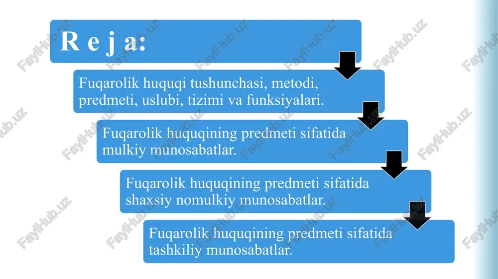 iklar bilan bog‘liq holda vujudga keladi. 2 bu munosabatlar mulk bilan bog‘liq shaxsiy nomulkiy munosabatlar hisoblanib, ayrim hollarda ular mulkiy munosabatlar bilan bog‘liq bo‘lmaydi. fuqarolik huquqining predmeti yuridik jixatdan teng bo‘lgan sub’ektlar o‘rtasidagi: shaxsiy-nomulkiy tashkiliy-huquqiy mulkiy munosbatlarni tashkil etadi fuqarolik huquqi bilan tartibga solinadigan munosabatlar fkning 2-moddasida belgilab qo‘yilgan. unga ko‘ra, fuqarolik huquqi fuqarolik muomalasi ishtirokchilarining huquqiy holatini, mulk huquqi va boshqa ashyoviy huquqlarning, intellektual faoliyat natijalariga bo‘lgan huquqlarning vujudga kelish asoslarini hamda ularni amalga oshirish tartibi belgilaydi, shartnoma majmuriyatlari va o‘zga majburiyatlarni va boshqa mulkiy hamda u bilan bog‘liq shaxsiy nomulkiy munosabatlarni tartibga soladi. fuqarolik huquqi o‘quv fani tizimi ham fuqarolik kodeksi tizimi kabi qismlarga bo‘lingan. fuqarolik huquqining birinchi qismi umumiy qoidalar, ya’ni fuqarolik huquqining tamoyillari, fuqarolik huquqiy munosabat doirasi, ularning vujudga kelish, amalga oshirish, himoya qilish usullari. fan tizimi-1 fuqarolik huquqiy munosabat ishtirokchilari (subyektlari)ning huquqiy maqomi, fuqarolik huquqi obyektlari huquqiy rejimi, muddatlar, da’vo muddatlari to‘g‘risidagi asosiy qoidalar va …