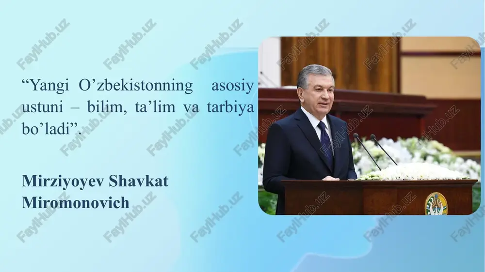 agoglarni salmog‘ini ko‘paytirish. •bitiruvchilarni kasbga yo‘naltirish va otmlarga kirishlari uchun sharoit yaratib berish. 1 •minimal talablardan maksimal natijalarga erishish; •pedagogik kengashlar faoliyatining to‘g‘ri yo‘lga qo‘yilishi o‘qituvchilar kasbiy mahoratini oshirish maktabiga aylanishi kerak. •ana shunday maktablarda o‘qituvchilar kengashlarda yangicha ishlashga, o‘z faoliyatini tahlil qilishga, zamon talablari bilan solishtirishga o‘rganadi. 4.vazifa formativ baholar , bsb vachsb baholarinig o‘z vaqtida to‘g‘ri qo‘yilishini nazorat qilib borish; o’tilgan darslarni, ( elekton jurnallarga) qayd etilishini nazorat qilish; o’qituvchilarning yillik ish rejalarini ko‘rib chiqish va bajarilishini nazorat qilish; fan o‘qituvchilarini stajyor o‘qituvchilarga biriktirish, yakuniy davlat attestatsiya jadvallari va boshqa o‘quv tadbirlarini ishlab chiqish; o’quvchilarni kompleks asosida o’quv reja bilan ishlash; metodbirlashma rahbarlar faoliyatini tashkil qilish va nazorat qilish; pedagogik xodimning belgilangan ish yuklamasini, jumladan, o‘quv jarayonidagi metodik tavsiya va tashkiliy pedagogik jarayonlarga oid ishlarni o‘z vaqtida bajarilishini nazorat qilish; o‘qituvchilarning ilg‘or tajribalarini o‘rganish va omamlashtirish; zamonaviy pedagogik texnologiyalarini foydalanish; o‘quvchilarga ta’lim berish sifatini oshirish yo‘llarini aniqlash fan …
