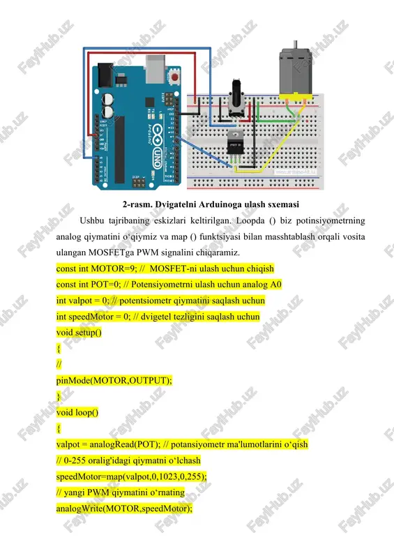 ishni arduino platformasi yordamida releni tranzistor orqali boshqarishni ishlasi bilan tanishish. kerakli komponentlar: • arduino uno r3 platformasi; • breadboard; • c945-bipolyar tranzistor; • 1n4007- diod; • rele; • ulash uchun simlar. rele- elektr bilan boshqariladigan, mexanik kalit, ikkita alohida qismga ega: birinchi qismga manba ulaniladi- (a1, a2) va boshqariladigan qism, 1, 2, 3 kontaktlari (8.3-rasmda releni ko‘rinishi keltirilgan). 3-rasm. releni ulanish sxemasi keltirilgan zanjirlar bir-biriga bog'liq emas. a1 va a2 kontaktlari o‘rtasida metall yadro o‘rnatilgan bo‘lib, chulg’am va qo‘zg’aluvchi qism (yakor va o‘zak) li magnit tizim, ijrochi organi — kontakt. chulg’amidan o‘tayotgan tok kuchi o‘zgarganda yakor yoki o‘zagining tortilishi hisobiga kontaktlari ulanadi yoki uziladi. releni arduino-ga ulanganda, yaxshilash uchun oe sxemasiga muvofiq kiritilgan n-p-n-tranzistoridan foydalanish qulayroq (qarang: 2-rasm.).ushbu usul bilan siz yukni mikrokontroler quvvatidan ko‘ra ko‘proq kuch bilan ulashingiz mumkin. bazaviy qarshilik cheklovchi hisoblanadi. keng (1-10 kom) farq qilishi mumkin, har qanday holatda, tranzistor to‘yinganlik rejimida ishlaydi. tranzistor sifatida …