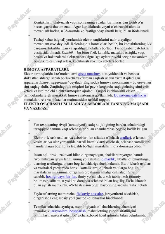 don ta’sirida qo‘zg‘aluvchi qism tortiladi va unga o‘rnatilgan asosiy kontaktlar yopiladi, elektr dvigatel yoki uskuna tarmoqqa ulanadi. elektromagnit kontaktorning qo‘zg‘aluvchi qismida asosiy kontaktlardan tashqari yordamchi – blok-kontakt deb ataluvchi kichik tokli kontaktlar ham bor. bu kontaktlar elektr uskunaning boshqarish va dvigatel holatidan xabar berish (signalizatsiya) sistemasida ishlatiladi. qo‘zg‘aluvchi qism tortilganda blok-kontaktlarning biri yopilsa, ikkinchisi ochiladi. asosiy va blok kontaktlar bir nechta bo‘lishi mumkin. asosiy kontaktlardan o‘tadigan o‘zgaruvchan tok miqdori 200–2500 a atrofida, o‘zgarmas tokning miqdori esa 20–600 a atrofida bo‘ladi. katta tokli kontaktorlar yoyni o‘chirish mexanizmi bilan alohida jihozlangan, tutashtiruvchi va ajratuvchi kontaktlar farq qilinadi. tutashtiruvchi kontaktlar elektromagnit chulg‘amida boshqarish toki ib o‘tganda, o‘z kontaktlarini (qutblarini) tutashtiradi (yopadi). ajratuvchi kontaktlar esa chulg‘amdan boshqarish toki o‘tganda o‘z kontaktlarini (qutblarini) ajratadi. · tutashtiruvchi (37-rasm, a) va ajratuvchi (37-rasm, b) kontaktlar va bu kontaktlarning elektr sxemalarda shartli belgilanishi, kontaktorning elektromagnit chulg‘amida boshqarish toki ib = 0 holat ko‘rsatilgan. · kontaktlarni ulab-uzish vaqti soniyaning …