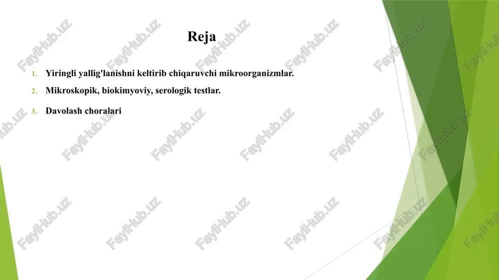 m sarig'i-tuzli agarda lesitinaz testi) lesitinaz testi - lesitinaz fermenti ta'sirida s.aureus koloniyalari atrofida toj shaklidagi xira chegara hosil bo'ladi. qonli agarda. b-gemoliz koloniyalar atrofida aniq zona hosil bo’ladi. s.epidermidis va s.saprophyticus oq qaymoq koloniyalar hosil qiladi. qizil qon tanachalar gemolizga uchramaydi. gram-musbat kokklar: • aerob tur: mikrokokklar, planokokklar va deinokoklar • fakultativ anaerob: stafilokokklar, stomatokokklar, streptokokklar, leykonostokklar, pediokokklar, aerokokklar va gemellalar • anaerob: peptokokklar, peptostreptokokklar, ruminokokklar, koprokokklar, sarcina stafilokokklar 40 ga yaqin turdan iborat (s.hominis, s.albus, s.haemolyticus, s.simulans, s.sciuri va boshqalar). lekin tibbiy ahamiyatga ega turlari s.aureus, s.epidermidis, s.saprophyticus. stafilokokklarning biokimyoviy xususiyatlari (differensial belgilar) xususiyatlari s.aureus s.epidermidis s.saprophyticus ß-gemolitik faollik + - - nitratlarning kamayishi + + - anaerob sharoitda mannitolning degradatsiyasi + - - aerob sharoitda mannitolning degradatsiyasi + - + koagulyatsiya + - - gialuronidaza + ± - fibrinoliz ± ± - ishqoriy fosfataza + + - dnk-aza + - - tashqi muhit omillarining ta’siri • stafilokokklar …