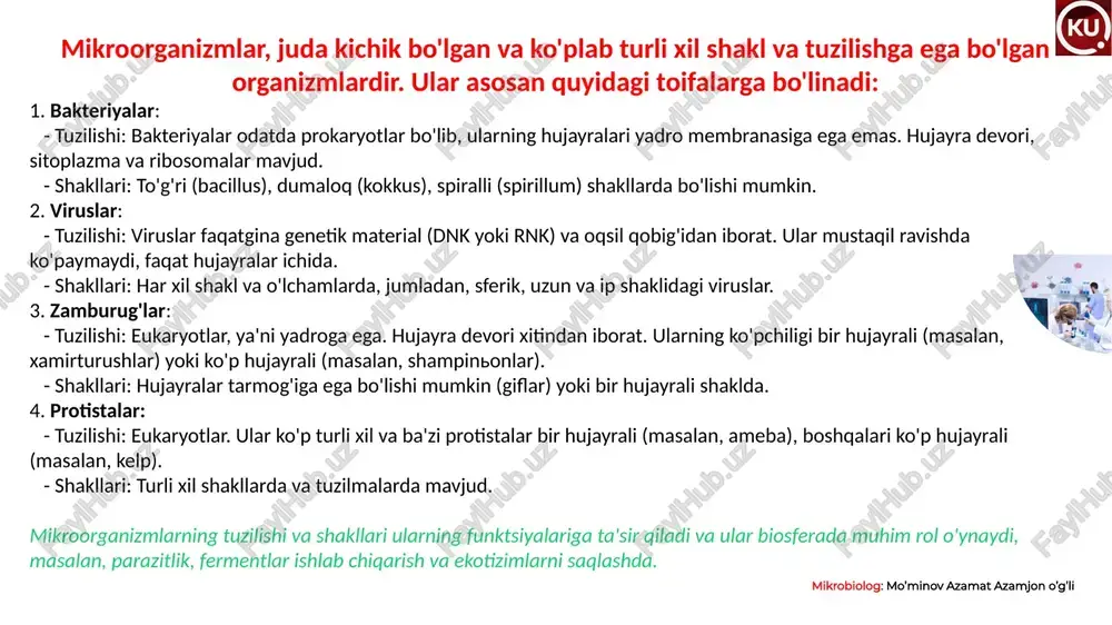 hujayralariga yopishishga yordam beradi. misol uchun, bakteriyalarning pilozi yoki fimbrialari. 2. ekzotoksinlar:- mikroorganizmlar tomonidan ishlab chiqariladigan va mezbon organizmda zarar etkazadigan kimyoviy moddalar. ular turli xil funksiyalarga ega, masalan, hujayra o'limiga yoki metabolizmni buzishga olib kelishi mumkin. 3. endotoksinlar:- bakteriyalarning hujayra devoridan chiqariladigan toksik moddalar. masalan, gram-manfiy bakteriyalarning lipopolisaxarid (lps) qismi. 4. enzimlar:- mikroorganizmlar tomonidan ishlab chiqariladigan va mezbon organizmning himoya mexanizmlarini buzadigan fermentlar. misol uchun, kolagenaza va hialuronidaza. 5. antifagotsit mexanizmlari:- mikroorganizmlar mezbonning immun tizimidan qochish uchun turli mexanizmlarga ega. masalan, ba'zi bakteriyalar fagotsitlar tomonidan qabul qilinishini oldini olish uchun kapsulalarni ishlab chiqaradi. 6. boshqa molekulalar: - turli xil metabolitlar, proteazalar va immun inhibiting molekulalar ham virulentlikka ta'sir qilishi mumkin. bu faktorlar mikroorganizmlarning kasallik keltirish qobiliyatini belgilab, ularning mezbon organizmga qanday ta'sir qilishini belgilaydi. mikrobiolog: mo’minov azamat azamjon o’g’li aerob, anaerob va intratsellyular bakteriyalar aerob, anaerob va intratsellyular bakteriyalar mikroorganizmlarning energiya ishlab chiqarish usuliga va yashash muhitiga qarab tasniflanadi. …