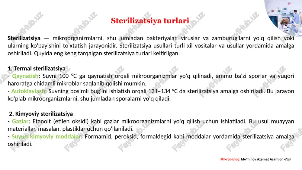 maytirish uchun 60–90 °c da issiqlik qo'llaniladi, lekin bu usul sterilizatsiya hisoblanmaydi. har bir sterilizatsiya usuli o'ziga xos afzalliklari va cheklovlariga ega, shuning uchun maqsadga qarab to'g'ri usul tanlanadi. mikrobiolog: mo’minov azamat azamjon o’g’li mikrobiologik asboblarni ishlash prinsiplari asboblarni ishlash prinsiplari ularning qanday ishlashini, tuzilishini va funksiyalarini tushunishga yordam beradi. bu jarayonlar quyidagi asosiy komponentlarni o'z ichiga oladi: 1. mexanik asboblar - asosiy printsiplar: bu asboblar kuchni va harakatni mexanik tarzda ishlatadi. misol uchun, burg'ulash asbobi burg'ulash kuchini aylanish va kesish harakatiga aylantiradi. - tuzilishi: motor, uzatish mexanizmlari (shkarat va tishli uzatmalar) va asbobning qismidan iborat. 2. elektron asboblar - asosiy printsiplar: elektr energiyasini ishlatish orqali ishlaydi. ular signalni qayta ishlash va ko'rsatish funksiyalariga ega. - tuzilishi: sensorlar, mikroprotsessorlar, kuchlanish manbalari va ko'rsatkichlar mavjud. mikrobiolog: mo’minov azamat azamjon o’g’li 3. termal asboblar - asosiy printsiplar: haroratni o'lchash va boshqarish uchun ishlatiladi. misol uchun, termometrlar, issiqlik registrlari. - tuzilishi: sensorlar, o'lchash …