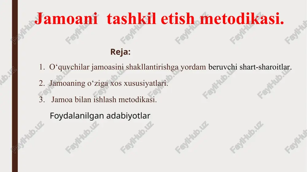 birlashmasi, o‘zini o‘zi nazoral, o‘zini o‘zi boshqaruv jarayonini tashkil etuvchi mustaqil tizim, shuningdek, o‘zining psixologik muhitiga, an'analariga ega guruh hisoblanadi. tarbiyalanuvchilar talablar qo‘yilishiga e'tiborsiz qarashadi. jamoa a'zolarining uzluksiz ijodiy faoliyatni tashkil qilish va ularni muayyan (yagona) maqsad atrofida birlashtirishga erishish orqaligina jamoa qaror topadi. tarbiyalanuvchilarning jamoa faoliyatida ishlirok etishi tufayli, asta-sekin boyib boradigan tajriba, faoliyat natijasini birgalikda muhokama qilish, qilinajak ishlarni rejalashtirish jamoa a'zolarida mas'uliyat, javobgarlik, faoliyat birligi, shuningdek, ishchanlik munosabatining paydo bo‘lishiga, tarbiyalanuvchilarda jamoa faoliyatiga nisbatan qiziqish paydo bo‘lishiga olib keladi. bolalarning jamoa faoliyatini tashkil ctish borasidagi ma'lumotga ega emasliklari bois, mazkur bosqichda pedagogning asosiy maqsadi jamoa a'zolari oddiy tarzda uyushtirishdan iborat bo‘ladi. 2. jamoaning o‘ziga xos xususiyatlari. . ushbu bosqichda pedagogning talabchanligi, qat'iyligi, izchilligi, murosasizlik va jamoaning barcha a'zolariga talabni bir xil qo‘ya olishi asosiy omil hisoblanadi. bu vaziyatda o‘qituvchilik, «hukmdorlik» davri uzoq davom etishi mumkin emasligini, aks holda bir qarashda intizomning vujudga kelganligi ma'lum bo‘lsada, guruh a'zolarining …