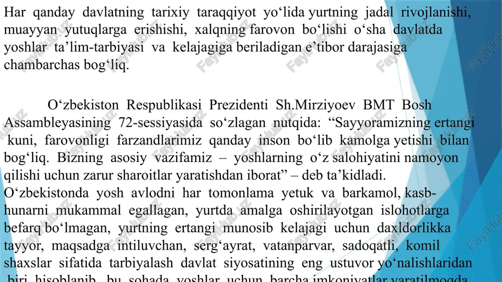 talarining rivojlanishi bilan bog‘liqdir. avvallari odamlar badanini hayvonlar terisi, daraxtlar po‘stlog‘i, o‘simliklar bargi va tolalari bilan o‘rab, qo‘lini mehnat qilish uchun ochiq qoldirar edi. keyinchalik kiyimning rivojlanishi odamlarning moddiy va amaliy mashg‘ulotidan bog‘liq bo‘lgan tikuvchilik dastgohining yaratilishi, to‘qimachilik kasbining rivojlanishi, avval gazlamadan burmalangan, keyin esa tikilgan kiyimning paydo bo‘lishiga olib keldi. zamonaviy kiyimning formasi uning ko‘p asrlik turli tarixiy, iqtisodiy, milliy sharoitlar to‘g‘risida, kiyimning mehnat sharoitiga, geog‘rafik muhitga moslanishi natijasida xilma-xildir. kiyim hozirgi mukammal ko‘rinishiga murakkab bosqichlar orqali yetib kelgan. u odamzod rivojlanishining ilk bosqichlarida iqlim ta’siridan himoya topmoq vositasi sifatida paydo bo'lgan. birinchi bosqich — kiyim timsollarining rivojlanishi (hayvon terisi, daraxtlar po'stlog'i hamda bargi, o'simliklar tolalari va h.k.). bu davr yuzlab ming yilliklarni o'z ichiga oladi. bu bosqichda eramizdan oldin, v ming yilliklarga qadar kiyim odamni iqlimiy ta’sirlardan muhofaza qilgan. keyinchalik odam to'qish, ip yigirish va qo'lda mato to'qish san’atini egallagan. kiyim ravnaqining ikkinchi bosqichi tanani maxsus to'qilgan mato …
