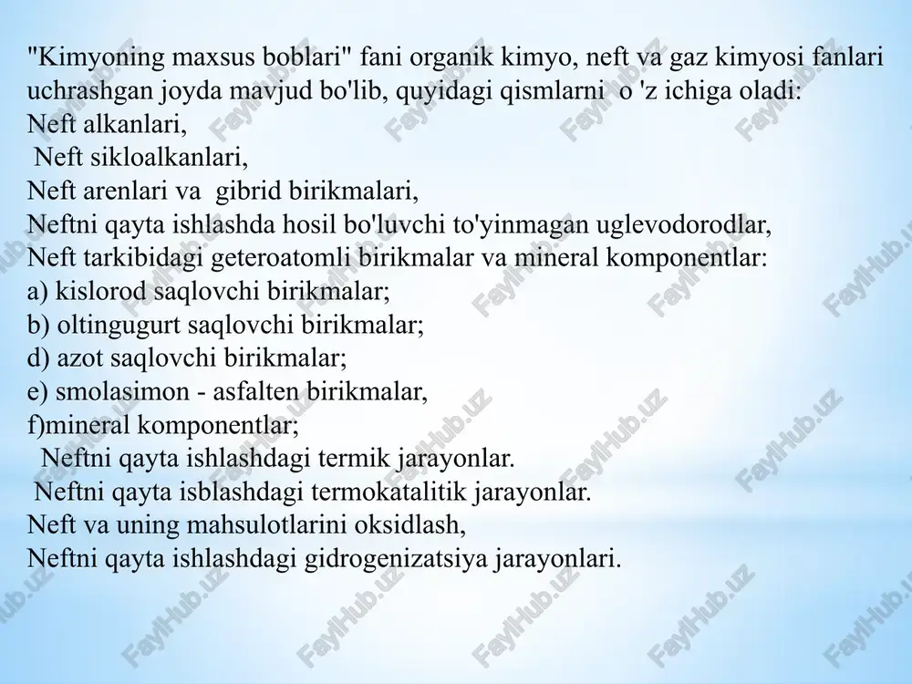 eskin kamayadi. ayrim neftlarning yuqori fraksiyalarida amalda parafinlar bo'lmaydi. gaz holatidagi parafin uglevodorodlar c1 - c4 uglevodorodlar: metan, etan, propan, butan, izobutan, hamda 2,2 - dimetilpropan (c5h12) - neopentan normal sharoitda gaz holida bo'ladi. bularning hammasi tabiiy va neft gazlari tarkibiga kiradi. gaz konlari uch xil tipda bo'lishi mumkin. 1.toza gaz konlari 2.gaz kondensati konlari 3.neft konlari birinchi tipdagi gaz konlari tabiiy gaz konlari deb atalib, asosan metandan tashkil topgan bo'ladi. metanga qo'shimcha sifatida oz miqdorda etan, propan, butan, penatanning bug'lari hamda nouglevodorod birikmalar: co2, n2 va ayrim hollarda h2s bo'lishi mumkin. respublikamizning sho'rtan gaz konidagi xom gazning tarkibi quyidagicha (mol.% da): 1-jadval sho'rtan gaz koni xom gazining tarkibi (% mol.) gazning tarkibida metan juda ko'pchilikni tashkil qilsa, bunday gaz "quruq gaz” deyiladi. gaz kondensati konlaridan chiqadigan gaz, odatdagi gazdan farq qilib, metandan tashqari ko'p miqdorda (2-5% va undan ortiq) c5 va undan yuqori gomologlari mavjud bo'ladi. gaz qazib olinayotganda …