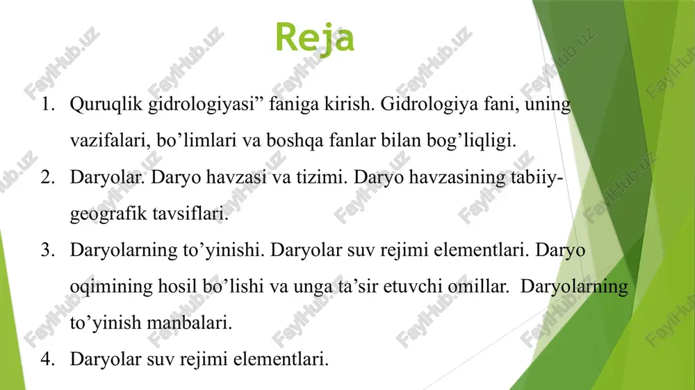 va muzliklarni, botqoqliklarni, yer osti suvlarini, ularning joylashishini, xususiyatlarini hamda ularda sodir bo‘ladigan hodisa va jarayonlarning atmosfera, litosfera va biosferadagi boshqa hodisalar bilan o‘zaro aloqasini o‘rganuvchi fandir. gidrologiya fani o‘rganiladigan suv obyektlarining turiga ko‘ra ikki qismga bo’linadi. okeanologiya (okeanlar, dengizlar gidrologiyasi) quruqlik gidrologiyasi . quruqlik gidrologiyasi esa o’z navbatida daryolar gidrologiyasi (potamologiya), ko’llar va suv omborlari gidrologiyasi (ko’lshunoslik-limnologiya), muzliklar gidro-logiyasi (glyatsiologiya) va botqoqliklar gidrologiyasi (talmatologiya)ga bo’linadi. ko’p hollarda gidrologiya deganda quruqlik gidrologiyasi nazarda tutiladi. gidrologiyaning bosh vazifalaridan biri suv ob’ektlarining gidrologik rejimini o’rganishdan iboratdir. o’rganiladigan muammolari va tadqiqot usullariga qarab hamda suv resurslaridan foydalanish bo’yicha tarixan vujudga kelgan masalalarni hal etish bilan bog’liq holda gidrologiyadan uning bir necha bo’limlari - gidrometriya, gidrografiya, gidrologik hisoblashlar, gidrologik bashorat(prognoz)lar kabilar mustaqil fan sifatida ajralib chiqqan. oxirgi ikki fan, ba’zan, umumiy nom bilan muhandislik gidrologiyasi deb ham ataladi. gidrologiyada stastionar, ekspedistiya va tajriba-laboratoriya kabi tadqiqot usullaridan foydalaniladi. stastionar usulda suv obyektlarining gidrologik rejimi elementlari …