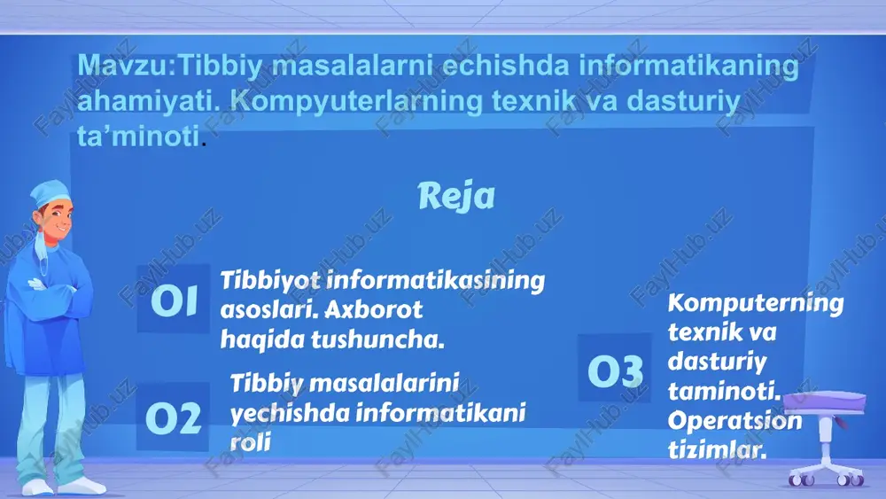 orot texnologiya - ob'ekt, jarayon yoki hodisa (axborot maxsulot) holati haqida yangi sifatdagi ma'lumotlarni olish uchun foydalanadigan ma'lumotlarni (birlamchi) yigish, ishlov berish va o‘zatish vositalari, hamda usullari majmuasidir. zamonaviy axborot-kommunikatsiya texnologiya - bu zamonaviy kompyuterlar va telekomunikatsion vositalaridan foydalanadigan, foydalanuvchi ishlashi uchun «do’stona» interfeysga ega bo’lgan axborot texnologiya demakdir asosiy tushunchalar axborotlarni kompyuterlarda ifodalash uchun ikkilik sanoq tizimida kodlash amalga oshiriladi. bunda kompyuterga kiritiladigan axborot belgilari ikkilik sanoq sistemasi vositalari yordamida amalga oshiriladi. bu vositalar 0 yoki 1 raqamlaridan iborat bo‘lishi mumkin. kompyuterdagi ma'lumot birligi bir bit dan iborat, ya'ni u 0 yoki 1 qiymat qabo’l qiladi. lekin kompyuter buyruqlari bayt bilan ishlaydi. ketma-ket sakkiz bit bir bayt dan iborat bo‘ladi. demak, bir bayt birligi belgi qiymatini 256 variantda kodlash imkoniyatini beradi, chunki 2^8=256. bayt – sakkiz bitdan iborat axborotning eng kichik o‘lchov birligi bo‘lib, u klod shennon tomonidan taklif qilingan. bir bit 0 yoki 1 raqamidan iborat bo‘ladi. biz …