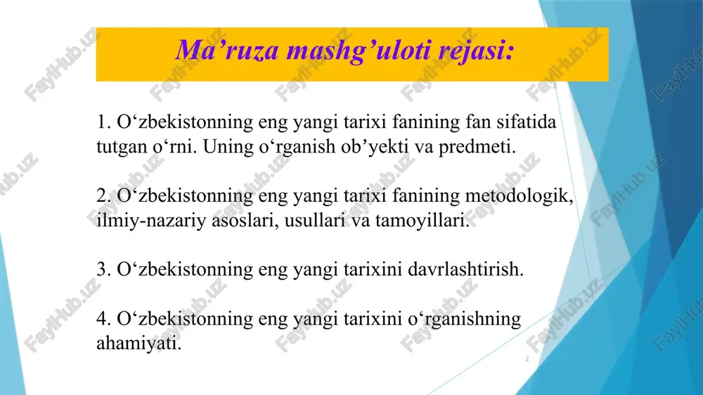 emiya, 2013. • rasulov a., isoqboyev a. tarix fanining ilmiy tadqiqot asoslari va uslubiyoti. – namangan, 2008. • toshpo‘latov t., g‘afforov ya. tarix o‘qitish metodikasi. – toshkent: turon-iqbol, 2010. • eshov b. o‘zbekiston tarixini davrlashtirish masalalari // o‘zbekiston tarixi fanidagi innovatsiyalar. – toshkent: noshir, 2012. – b. 278-385. • eshov b.j., odilov a.a. o‘zbekiston tarixi. masʼul muharrir: r.h.murtazayeva. darslik. i jild. – toshkent: yangi asr avlodi, 2014. • shamsutdinov r., karimov sh. vatan tarixi. birinchi kitob. – toshkent, sharq, 2010 (lotin alifbosida). • shamsutdinov r.t., mo‘minov x. o‘zbekiston tarixi. – toshkent: sharq, 2013 (lotin alifbosida). • o‘zbekiston tarixi. tarix fakultetlari talabalari uchun darslik. i kitob. masʼul moharrir: a.s.sagdullayev. – toshkent: fan, 2019. • xolboyev s. milliy mustaqillik va taraqqiyotning o‘zbek modeli. – toshkent: o‘zbekiston, 2015. 5 kirish tarix fani ijtimoiy taraqqiyot va o‘tmishga oid turli xil voqelik hamda hodisalarning izchil rivojlanishi, ularning qachon, qayerda, qanday holatda yuz bergani, insoniyatning paydo …