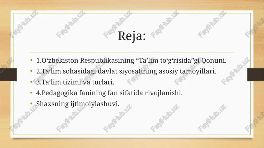 rbiyaning insonparvar, demokratik xarakterda ekanligi; ta'limning uzluksizligi va izchilligi; umumiy o`rta, shuningdek o`rta maxsus, kasb-hunar ta'limining majburiyligi; o`rta maxsus, kasb-hunar ta'limi yo`nalishini: akademik liseyda yoki kasb-hunar kollejida o`qishni tanlashning ixtiyoriyligi; ta'lim tizimining dunyoviy xarakterda ekanligi; davlat ta'lim standartlari doirasida ta'lim olishning hamma uchun ochiqligi; ta'lim dasturlarini tanlashga yagona va tabaqalashtirilgan yondashuv; ta’lim tizimi va turlari: maktabgacha ta’lim va tarbiya umumiy o‘rta va o‘rta maxsus ta’lim professional ta’lim oliy ta’lim oliy ta’limdan keyingi ta’lim maktabgacha ta’lim va tarbiya maktabgacha ta’lim va tarbiya bolalarni o‘qitish va tarbiyalashga, ularni intellektual, ma’naviy-axloqiy, etik, estetik va jismoniy jihatdan rivojlantirishga, shuningdek bolalarni umumiy o‘rta ta’limga tayyorlashga qaratilgan ta’lim turidir. maktabgacha ta’lim va tarbiya olti yoshdan yetti yoshgacha bo‘lgan bolalarni boshlang‘ich ta’limga bir yillik majburiy tayyorlashni ham nazarda tutadi. maktabgacha ta’lim va tarbiyani tashkil etish tartibi ushbu qonun, shuningdek “maktabgacha ta’lim va tarbiya to‘g‘risida”gi o‘zbekiston respublikasi qonuni bilan belgilanadi. o‘rta va o‘rta maxsus ta’lim umumiy o‘rta va …