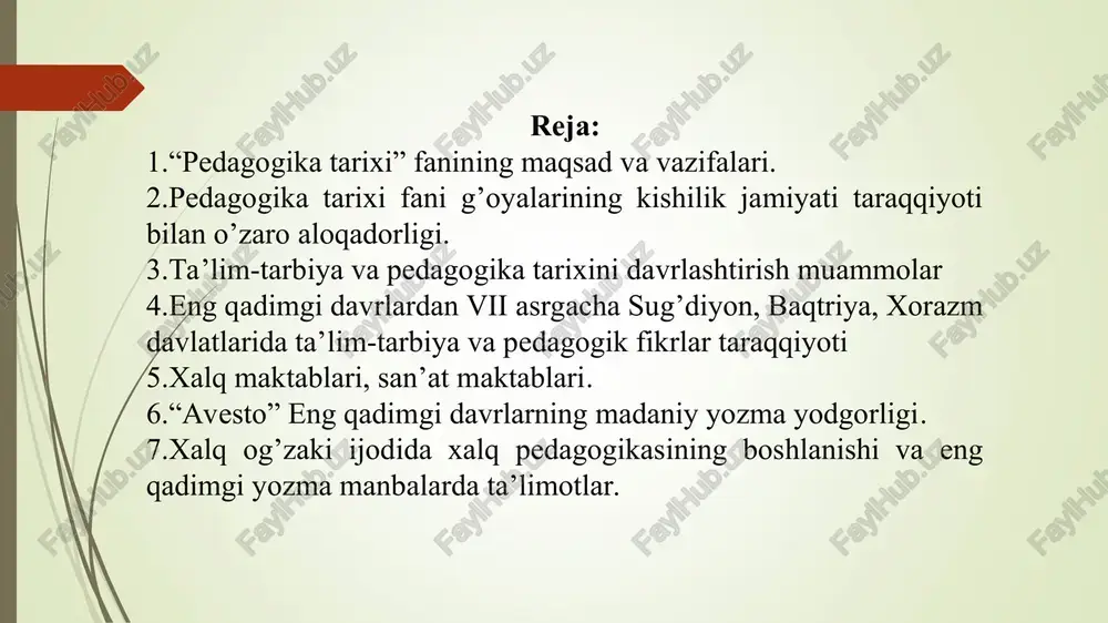 xalq og’zaki ijodi materiallari hamda yozma manbalar. buyuk adiblar, allomalarning ijodiy merosi. pedagogika tarixi fani g’oyalarining kishilik jamiyati taraqqiyoti bilan o’zaro aloqadorligi. dastlabki diniy e’tiqodlar, eng oddiy ixtirolarning takomillashib borishi kabi holatlar inson ongining ham shakllanib borishiga turtki bo’ldi. eng qadimgi kishilarga xos bo’lgan xislatlar, ularning dastlabki, oddiy istaklari, orzu-umidlari qadimgi eposlarda aks etgan afsonaviy obrazlar hamda qahramonlar qiyofasida o‘z ifodasini topgan. ruhga sig’inish (onimizm), ajdodlar ruhiga sig’inish (totemizm), sehrgarlik kabi diniy e’tiqodlar va marosimlar yoritilgan afsona va rivoyatlarda eng qadimiy ajdodlarimizning tafakkur dunyosi aks etgan. keyinroq kishilar mehnat faoliyatini jamoa a’zolarining yosh jihatlariga ko’ra quyidagi uch guruh asosida tashkil etganlar. -bolalar va o’smirlar; -ijtimoiy hayot va mehnatda to’la ishtirok etuvchilar; -keksalar. savol: urug’chilik jamiyati haqida nimalarni bilasiz? urug’chilik jamoasi bosqichida esa bolalar mehnatining ko’lami kengayib, kasb-hunar faoliyatining turlari ko‘payib boradi. tajribali kishilar bolalarni tarbiyalash bilan birga ularni yozishga ham o‘rgata boshlaydilar. asta-sekin harbiy tarbiyaning boshlang’ich ko‘rinishlari yuzaga kela boshlaydi. …
