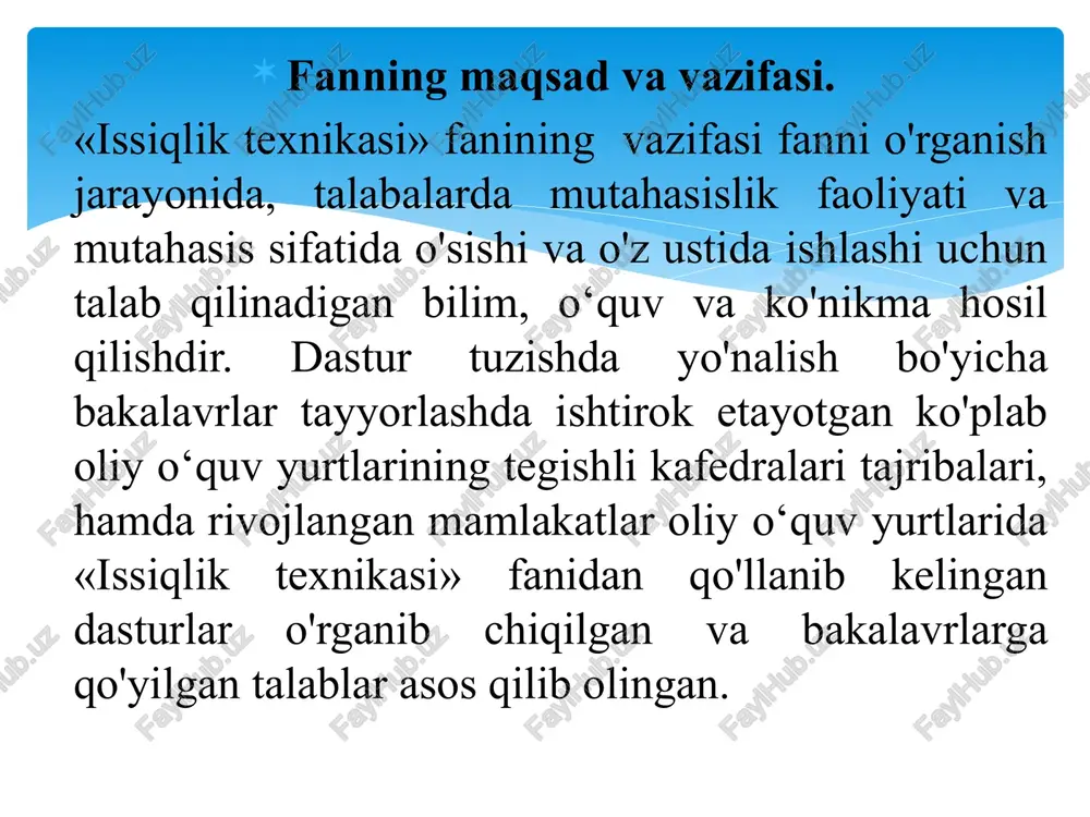 i ba’zan moddaning to‘rtinchi holatidan iborat deb hisoblaydilar. bitta jismni o‘zi turli sharoitlarda turli holatlarda bo‘lishi mumkinligi muqarrardir. tekshirilayotgan jism berilgan o‘zgarmas sharoitlarda har doim bitta holatdagina bo‘ladi, masalan, suv atmosfera bosimi va 200s temperaturada faqat bug‘ ko‘rinishida bo‘ladi. tekshirilayotgan modda holatini aniqlash uchun modda holatining holat parametrlari deb yuritiladigan qulay tavsifnomalari kiritiladi. moddaning xossasi intensiv va ekstensiv bo‘lishi mumkin. tizimdagi modda miqdoriga bog‘liq bo‘lmagan xossalar intensiv xossalar deb aytiladi (bosim, temperatura va boshqalar). modda miqdoriga bog‘liq bo‘lgan xossalar ekstensiv xossalar deb aytiladi. solishtirma, ya’ni modda miqdori birligiga nisbatan olingan ekstensiv xossalar intensiv xossalar ma’nosiga ega bo‘lib qoladi. masalan, solishtirma hajm, solishtirma issiqlik sig‘imi va shunga o‘xshashlar intensiv xossalar sifatida tekshiriladi. termodinamikaviy tizimlarning holatini belgilovchi intensiv xossalar tizim holatining termodinamikaviy parametrlari deb aytiladi. holat parametrlaridan eng ko‘p tarqalgani jismning absolyut temperaturasi, absolyut bosimi va solishtirma hajmidir. temperatura eng muhim parametrlardan biri absolyut temperaturadir. temperatura jismning issiqlik holatini tavsiflaydi. issiqlikning faqat …