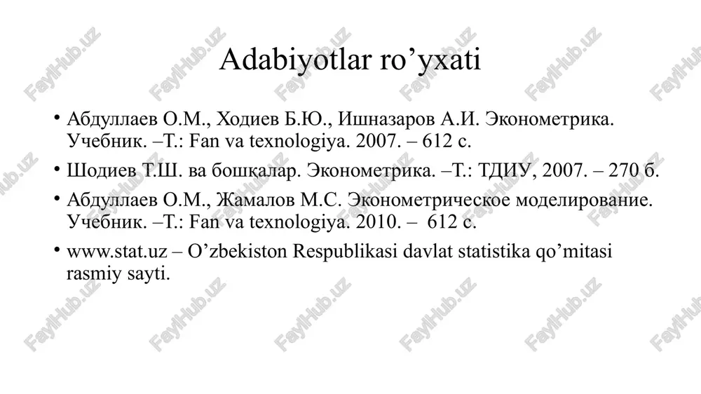 sh natijasida yuzaga kelgan. keyinchalik ekonometrikani rivojlantirish uchun ushbu usullarga hisoblash texnikasi tadbiq etilgan. 1933 yilda r.fisher tomonidan “ekonometrika” jurnaliga asos solindi. jurnalda u ekonometrikaga quyidagicha ta’rif bergan: “ekonometrika-bu o’sha iqtisodiy statistika emas. ko’p qismi miqdoriy xususiyatga ega bo’lgan iqtisodiy nazariyaning ham o’zi emas. ekonometrika matematikani iqtisodga qo’llash ham emas. tajriba shuni ko’rsatadiki har uchchala statistika, iqtisodiyot nazariyasi va matematika fanlarining komponentalari zamonaviy iqtisodiy xayotni miqdoriy tomonlarini anglash uchun zaruriy, lekin etarli bo’lmagan shartlaridir. bu-uchta fanning birligidir. bu birlik ekonometrikani tashkil etadi”. shunday qilib, ekonometrika-bu iqtisodiy jarayon va hodisalarni o’zaro bog’lanishini miqdor jihatdan ifodalovchi fandir. r.fisher shunday deb yozgan: “statistik usullar ijtimoiy fanlarda muhim element hisoblanadi va aynan shu usullar yordamida ijtimoiy bilimlar fan darajasigacha ko’tarilishi mumkin”. birinchidan –ekonometrika o’ziga xos bo’lgan usullar tizimi sifatida iqtisodiy o’zgaruvchilar va ular orasidagi bog’lanishlarning xususiyatlarini tasvirlagan xolda o’zining masalalarini aniqlashtirish bilan rivojlana boshladi. regressiya tenglamasiga na faqat birinchi darajali o’zgaruvchilarni kiritildi balki natijaga …