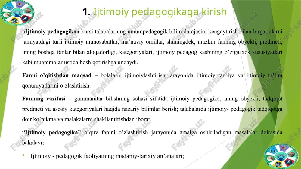 ziga xosliklari; maktabgacha yoshdagi bola shaxsini ijtimoiylashtirish mohiyati; bola shaxsini ijtimoiylashtirishda mikro muhitning roli; rivojlanishida nuqsoni bo’lgan bola, nogiron bola, cheklangan imkoniyati bola tushunchalari tavsifi; imkoniyati cheklangan bolalarni ijtimoiylashtirishdagi umumiylik va tafovutlar; imkoniyati cheklangan bolalarni ijtimoiylashtirishning shartlari va xuquqiy me’yorlari; ijtimoiy pedagogik kategoriyalar; ijtimoiy pedagogikaning tamoyillarini bilishi kerak; “ijtimoiy pedagogika” o’quv fanini o’zlashtirish jarayonida amalga oshiriladigan masalalar doirasida bakalavr: ijtimoiy pedagog faoliyat metodikasi va texnologiyasi; asotsial oilaga ijtimoiy - pedagogik yordamning asosiy shakllari; ijtimoiy pedagog faoliyatida ishontirish metodlari, korrektsiya, mashqlarini qo’llash; kasbiy faoliyatda sotsiologik metodlardan foydalanish; ijtimoiy pedagogik texnologiyalarini qo’llash; xavotirli oila ijtimoiy maqomini tavsiflash; xavotirli oila bilan ishlash metodlarini qo’llash ko’nikmalariga ega bo’lishi kerak; ota-ona vasiyligisiz qolgan bolalar bilan ijtimoiy-pedagogik faoliyat olib borish; deviant xulqli bolalar bilan ijtimoiy-pedagogik faoliyatni tashkil etish va olib borish malakalariga ega bo’lishi kerak. ijtimoiy pedagogika, garchi u avvaldan yurtimizda “ijtimoiy tarbiya”,”ijtimoiy muhofaza”, “ijtimoiy yordam” ko’rinishida mavjud bo’lgan bo’lsada pedagogik bilim sohasi va fan sifatida …