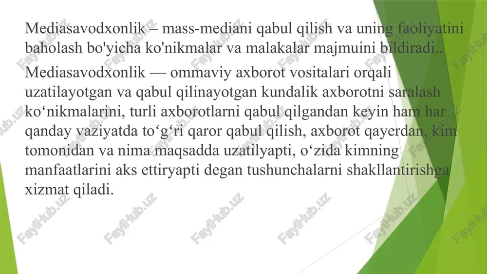 lmiy tajribalar, mashinalar, texnologik jarayonlar kiradi. axborot istemolchilar ro’yxati ham katta bo’lib unga, insonlar, xayvonlar, o’simliklar, turli hil o’lchov asboblari kiradi. shuning uchun axborot keng doiradagi tushuncha bo’lib, jamiki ob`yektlar, mavjudodlar, jarayonlar xaqidagi ma`lumotlarni o’z ichiga oladi. axborot manbalari va istemolchilarining har hilligi axborot shaklining turli ko’rishda bo’lishiga olib keldi: belgili, matnli, tovushli, videolavhali, grafik va raqamli. yolg’on axborot (feyk)larni qanday qilib filtrlash mumkin. tarmoqda axborotni oqilona qidirish (axborotni filtrlash, uni saqlash va berilgan parametrlar bo’yicha o’zgartira olish qobiliyati) mediamatnlarni tushuna olish va dekodlashtirish (mediamatnning va kontekstning konsepsiyasini, yashiringan mazmunini tushuna olish, shuningdek olingan axborotning o’zi tomonidan baholanishini tashkil eta olish qobiliyati) turli janrlarda o’zining mediamatnlarini yaratish shaxsning axborot xavfsizligi (mediamuhitda muloqot qilish etikasiga rioya qilish, mediaviruslarni topa olish, raqamli detoks asoslarini bilish). jamiyatni axborotlashtirish jarayonini 5 asosiy yunalishga ajratish mumkin: mehnat, texnologik va ishlab chiqarish jarayoni vositalarini kompleks avtomatlashtirish. ilmiy tadqiqotlar, loyihalash va ishlab chiqarish axborotlashtirish. tashkiliy- iqtisodiy boshqarishni …