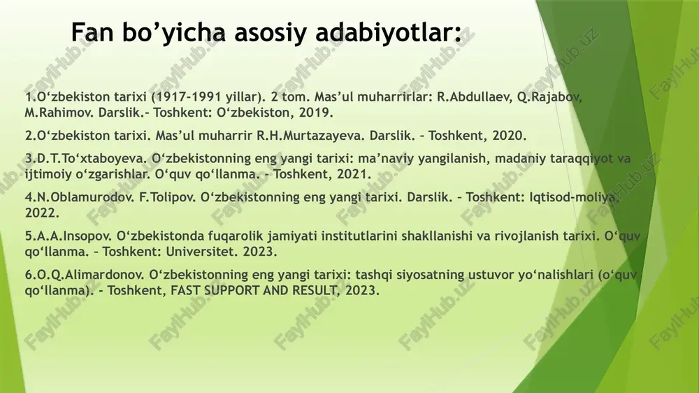 yil avval afrika qitʼasida yashay boshlagan. “homo sapiyens, sapiyens” (aqlli odam) esa, yer kurrasida mil. avv. ii million yildan boshlab yashay boshlagan, degan tasavvur paydo bo‘ldi. 3-bosqich urug‘jamoalarining harbiy demokratiya bosqichi. o‘zbekistonda “ilk o‘rta asrlar davri”. “o‘rta asrlar davri. markaziy osiyo, jumladan, o‘zbekiston tarixining beshinchi davrini “mustamlakachilik” deb atash mumkin. uning davriy chegarasi – rossiya imperiyasi bosqinidan to 1917-yil oktabr to‘ntarishiga qadar davom etgan davrni o‘z ichiga oladi. o‘zbekistonning eng yangi tarixi mazmun-mohiyatiga ko‘ra, ilmiy va amaliy ahamiyatga egadir. o‘zbekiston respublikasi birinchi prezidenti i.a.karimovning 1996-yil 13-dekabrdagi farmoniga ko‘ra – o‘zbekistonning yangi tarixini tayyorlash va nashr qilish haqida qaror qabul qilindi. shu asosda mustaqillik davri aks etgan qator adabiyotlar yuzaga keldi. 1998-yilda chop etilgan “tarixiy xotirasiz kelajak yo‘q” risolasida tarix fanining qator dolzarb masalalariga eʼtibor qaratildi. fanning predmeti mintaqamizda sodir bo’lgan jamiki voqea va hodisalar, ulardagi umumiy aloqadorlik qonuniyatlari, tarixiy hodisa va jarayonlar, umuman insoniyatning barcha tarixiy faoliyat jarayonlarini o’rganishdir. fanni …