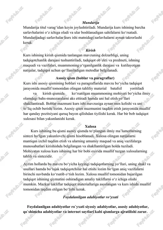 lmiy olamdagi bahs-munozaralarni aks ettiradi hamda uni hal etish yo‘llari shakllantiradi. boblar mazmuni kurs ishi mavzusiga aynan mos kelishi va uni to‘liq ochib berishi lozim. asosiy qism mazmunini taqdim etish jarayonida muallif har qanday pozitsiyani quruq bayon qilishdan tiyilishi kerak. har bir bob tadqiqot xulosasi bilan yakunlanishi kerak. xulosa kurs ishining bu qismi asosiy qismda to‘plangan ilmiy ma’lumotlarning sintezi bo‘lgan yakunlovchi qismi hisoblanadi. xulosa olingan natijalarni mantiqan izchil taqdim etish va ularning umumiy maqsad va aniq vazifalarga munosabatlari kirishishda belgilangan va shakllantirilgan holda tuziladi. mohiyatan xulosa kurs ishining har bir bobi oxirida muallif tuzgan xulosalarning tahlili va sintezidir. ayrim hollarda bu mavzu bo‘yicha keyingi tadqiqotlarning yo‘llari, uning shakl va usullari hamda bo‘lajak tadqiqotchilar hal etishi lozim bo‘lgan aniq vazifalarni birinchi navbatda ko‘rsatib o‘tish lozim. xulosa muallif tomonidan bajarilgan tadqiqot ishining qiymatini oshiradigan amaliy takliflarni o‘z ichiga olishi mumkin. mazkur takliflar tadqiqot materiallariga asoslangan va kurs ishida muallif tomonidan taqdim etilgan …